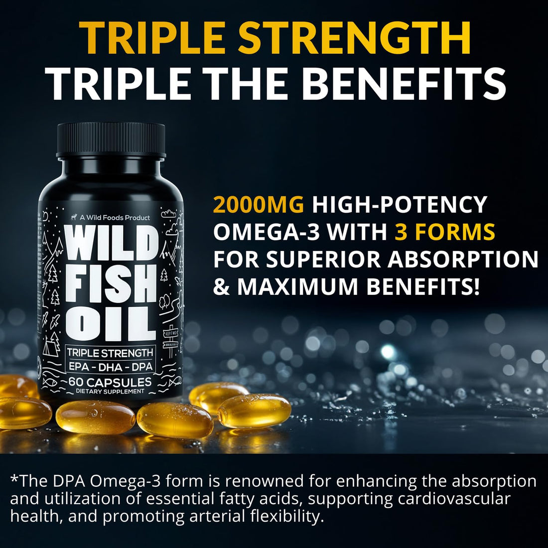 Wild Foods Fish Oil Omega 3 Supplements | 1600 mg | Highly-Potent: DPA, DHA, EPA | Burpless, Odorless, Non-GMO, Gluten Free | For Brain & Heart Health, Joint Support | 60 Capsules (1 pk) | 30 Servings