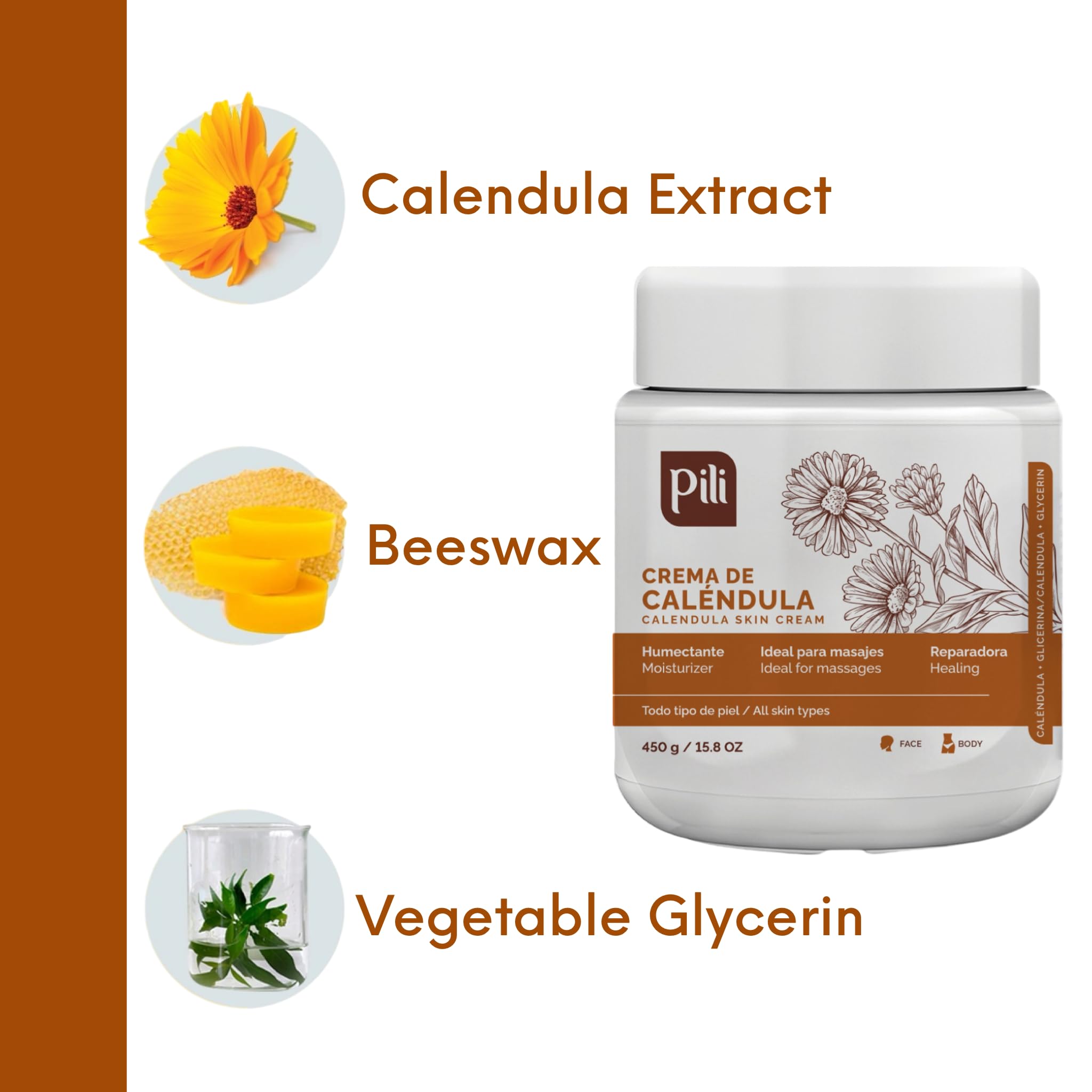 Pili Natural Calendula Cream – Hydrating Moisturizer for Dry, Rough, or Chapped Skin – Soothing Face, Hand & Body Cream – Crema de Caléndula with Beeswax & Glycerin – 15.8 oz