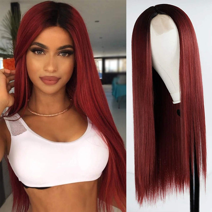 MISSWIG Ombre Color Cosplay Wigs Wine Red Long Straight Wig Hair 100% Kanekalon Synthetic Heat Resistant Straight Wig for Women