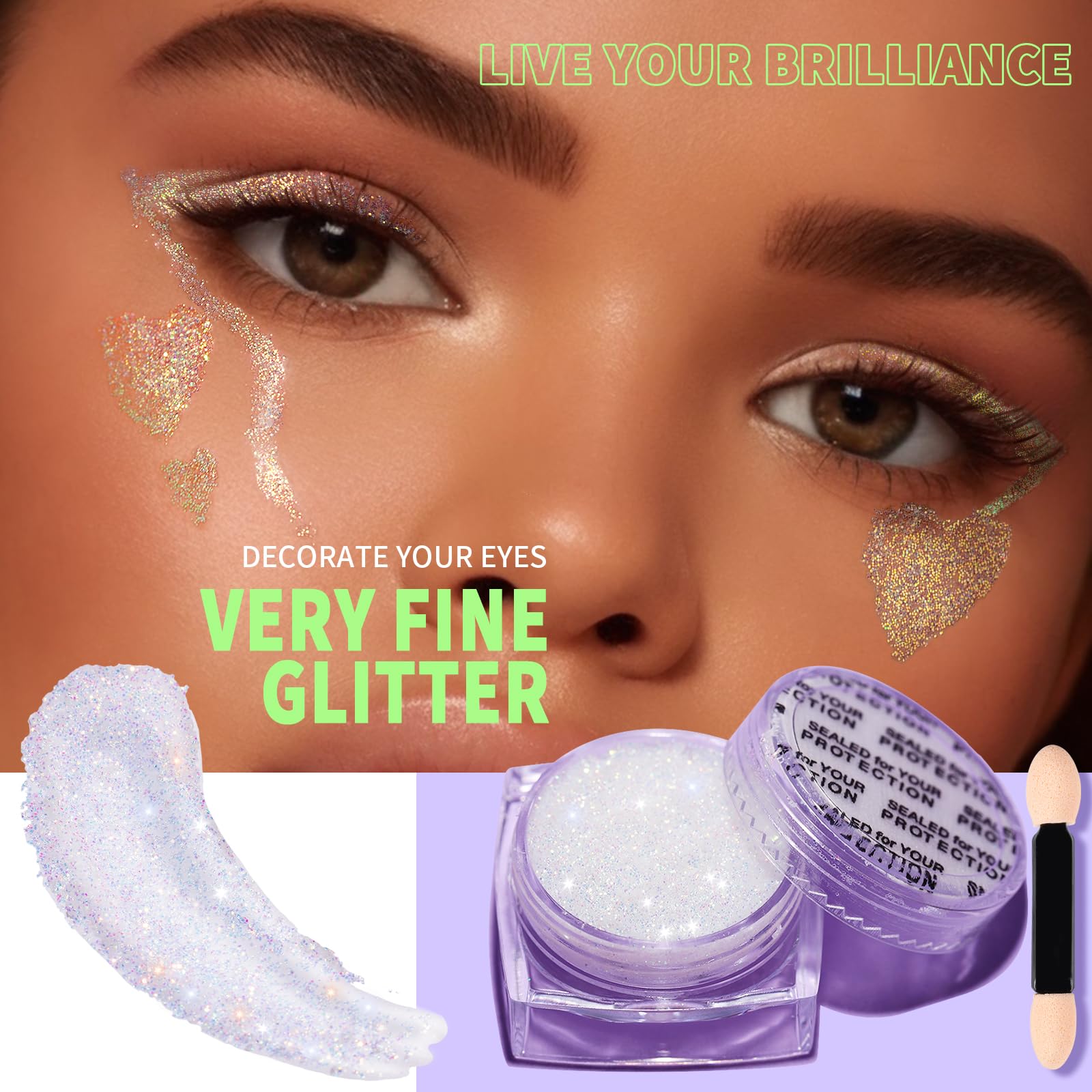 Teenitor Face Glitter Body Glitter, Clear White Body Glitter Gel, Hair Glitter Gel, 6 Shapes Rave Glitter, Mermaid Sequins Makeup Glitters Face Paint, Chunky Sparkling Glitter Gel for Women