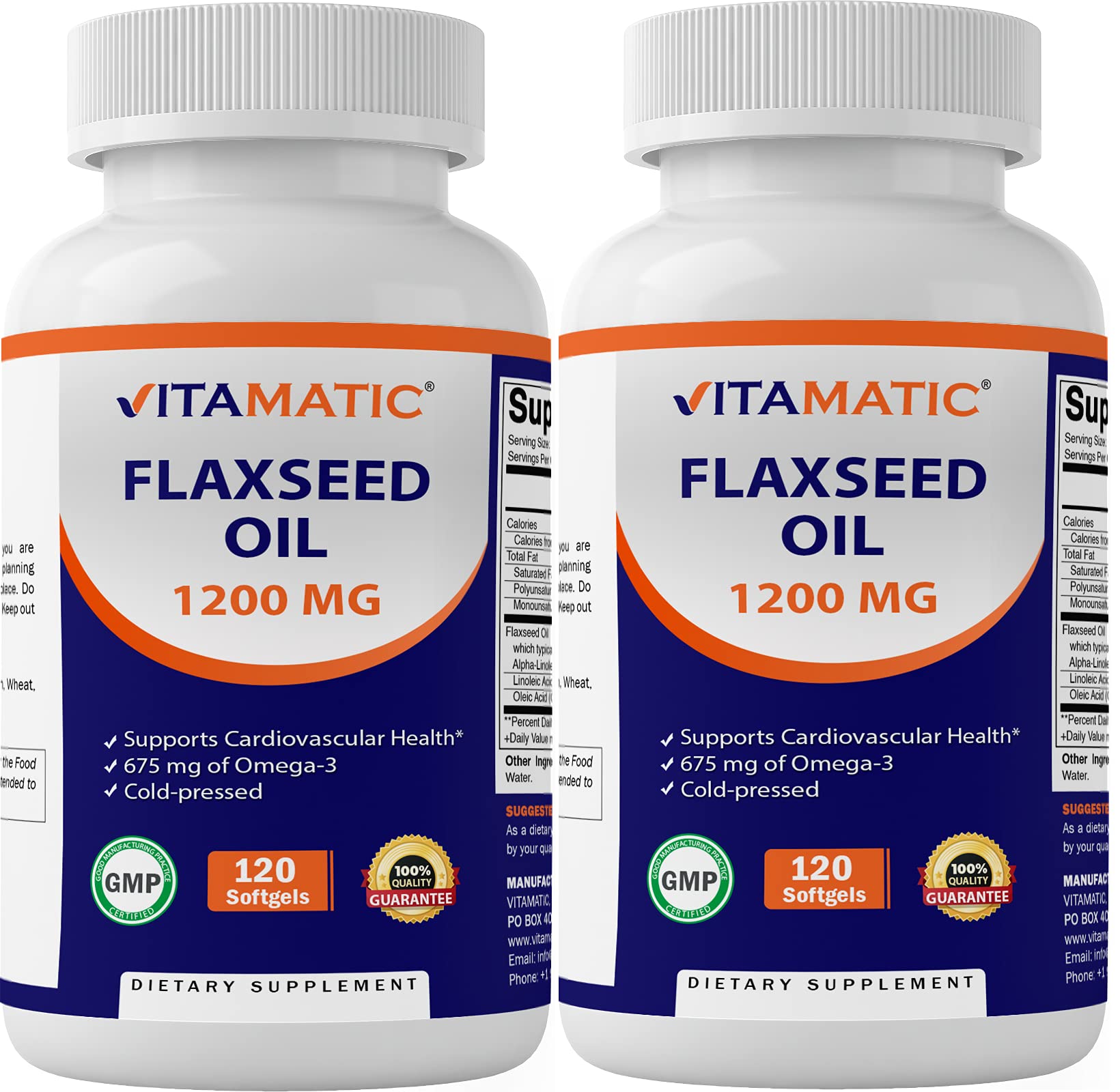 Vitamatic 2 Pack Flaxseed Oil 1200mg 120 from Cold Pressed Flax Seed - 675 mg of ALA Omega 3 Fatty Acids for Improving Heart Health