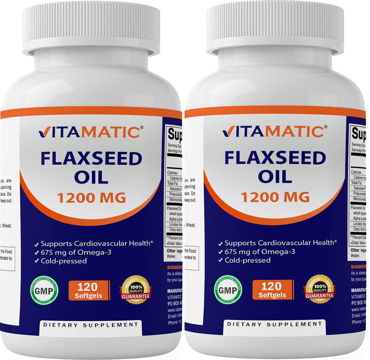 Vitamatic 2 Pack Flaxseed Oil 1200mg 120 from Cold Pressed Flax Seed - 675 mg of ALA Omega 3 Fatty Acids for Improving Heart Health