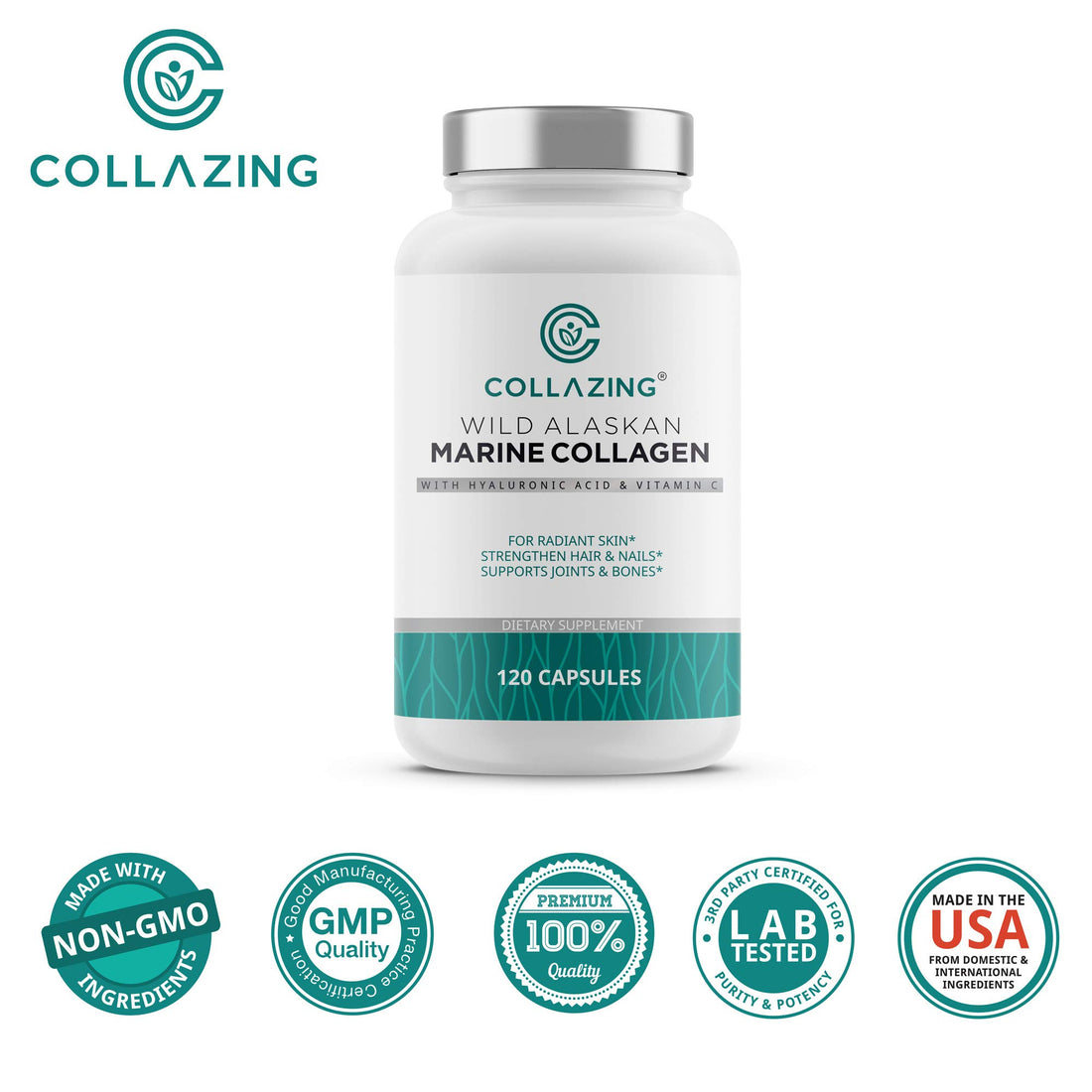 C COLLAZING - Alaskan Wild-Caught Marine Collagen Peptides with Hyaluronic Acid & Vitamin C - Supports Skin, Hair, Nails, Joints & Bones - Type 1 & 3 Collagen for Women & Men - 120 Powder Capsules