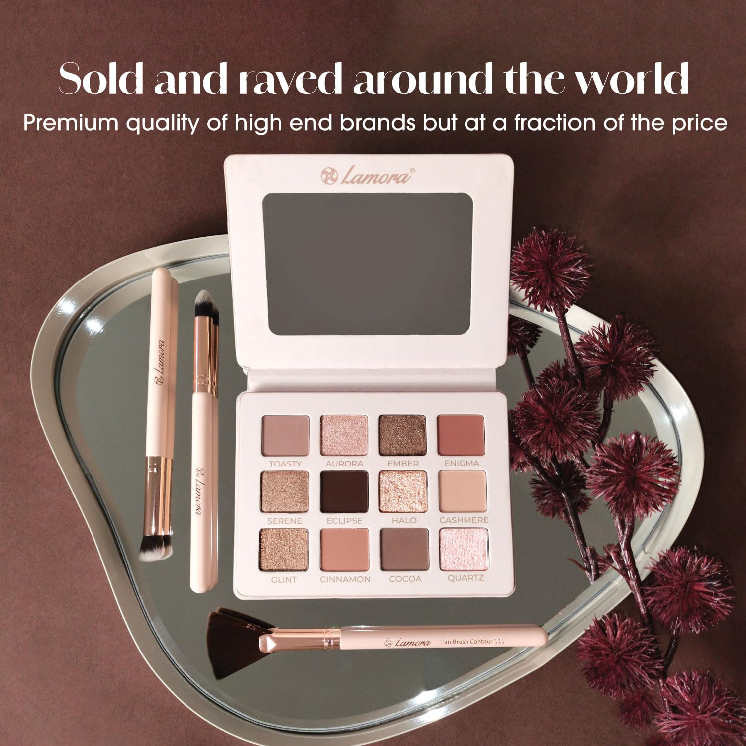 Lamora Nude Eyeshadow Palette Makeup - 12 Neutral Pigmented Matte & Shimmer Shades - Travel Size Eye Shadow With Mirror