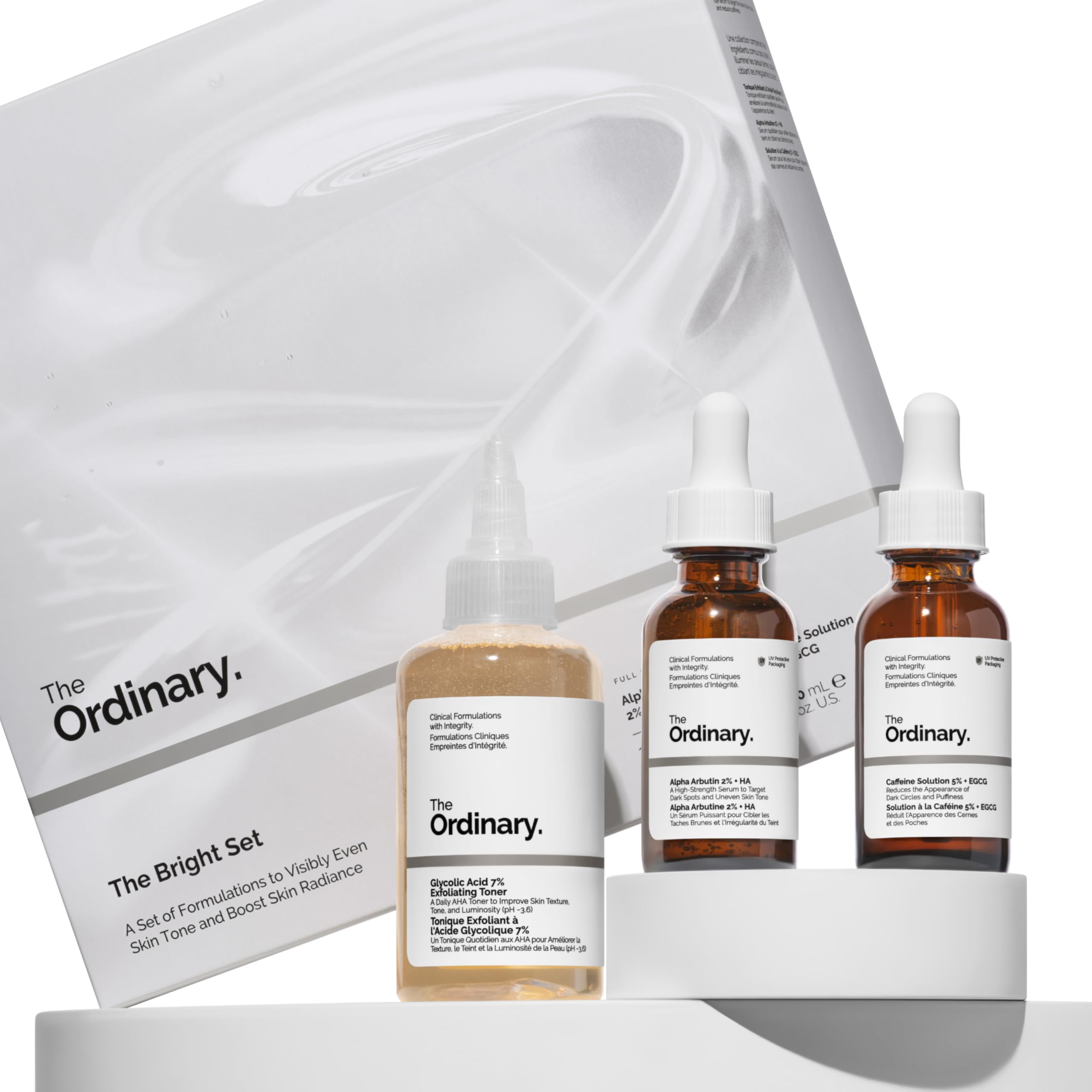The Ordinary The Bright Set, 3-Step Regimen for Radiant, Even Skin Tone with Glycolic Acid 7% Exfoliating Toner, Alpha Arbutin 2% + HA, and Caffeine Solution 5% + EGCG | Skin Care Set