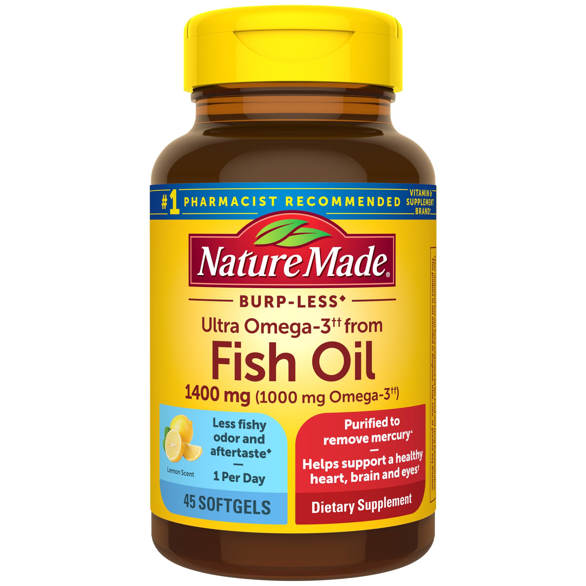 Nature Made Burp Less Ultra Omega 3 Fish Oil 1400 mg, Fish Oil Supplements, Omega 3 Supplement for Healthy Heart, Brain and Eyes Support, One Per Day, 45 Softgels
