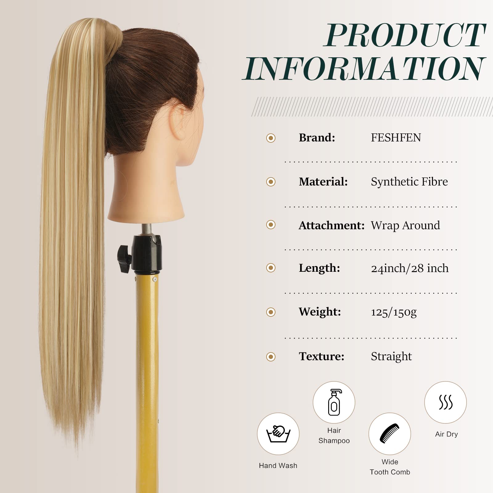 FESHFEN Straight Ponytail Extensions 28 Inch Long Wrap Around Synthetic Hair Piece Clip in Ponytail Hair Extensions Hairpiece for Women Girls 150g