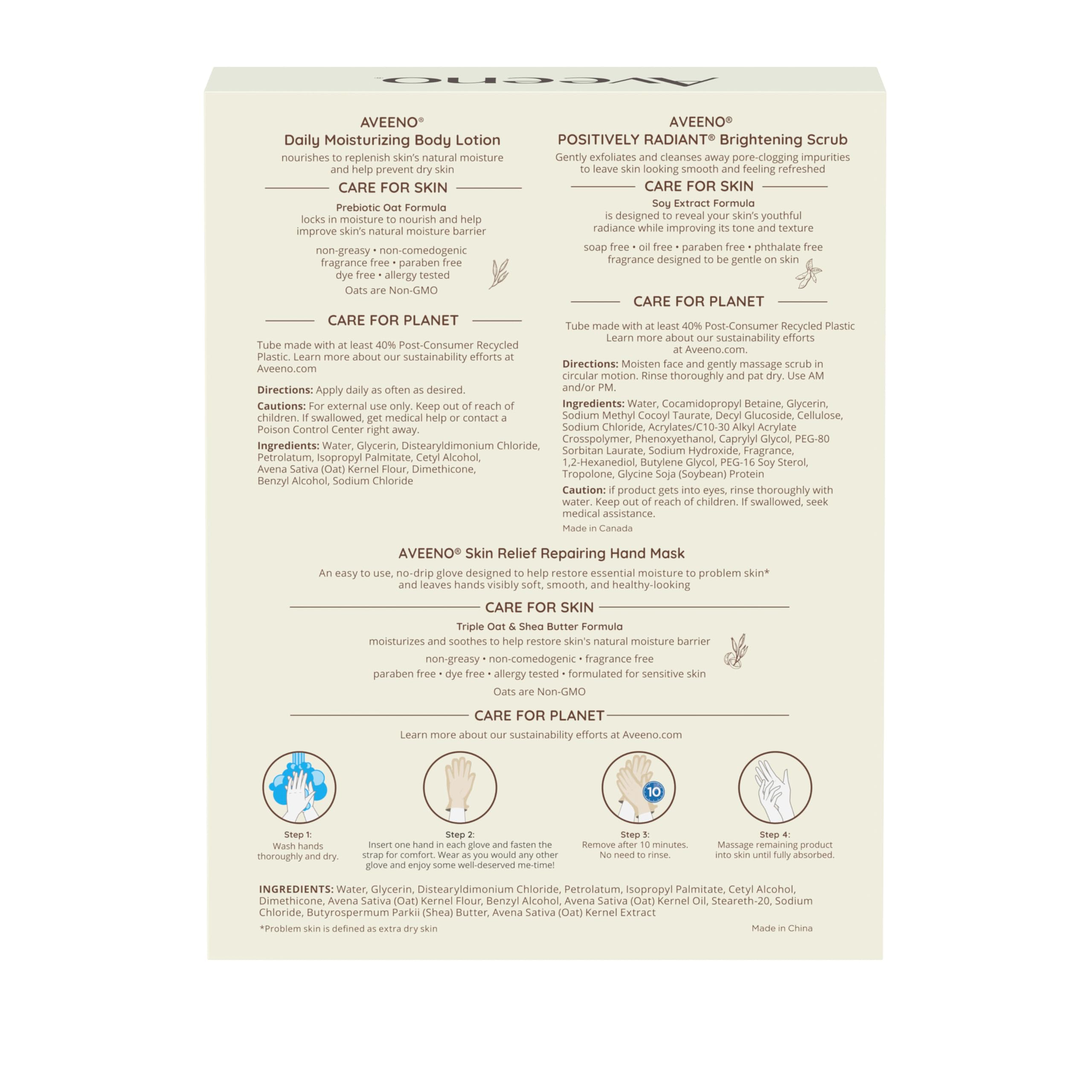 Aveeno Spa Day Gift Set, Full Body Skincare Set with Positively Radiant Face Scrub, Daily Moisturizing Body Lotion, & a Pair of Single-Use Skin Relief Hand Masks, Non-Comedogenic, 3 Items