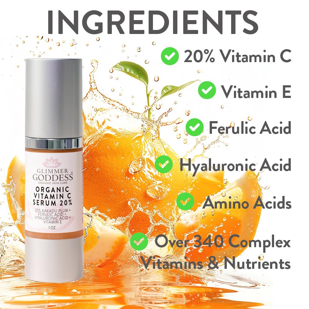 Glimmer Goddess Organic Vitamin C Face Serum with Kakadu Plum & Hyaluronic Acid – Hydrating & Revitalizing, 1 oz