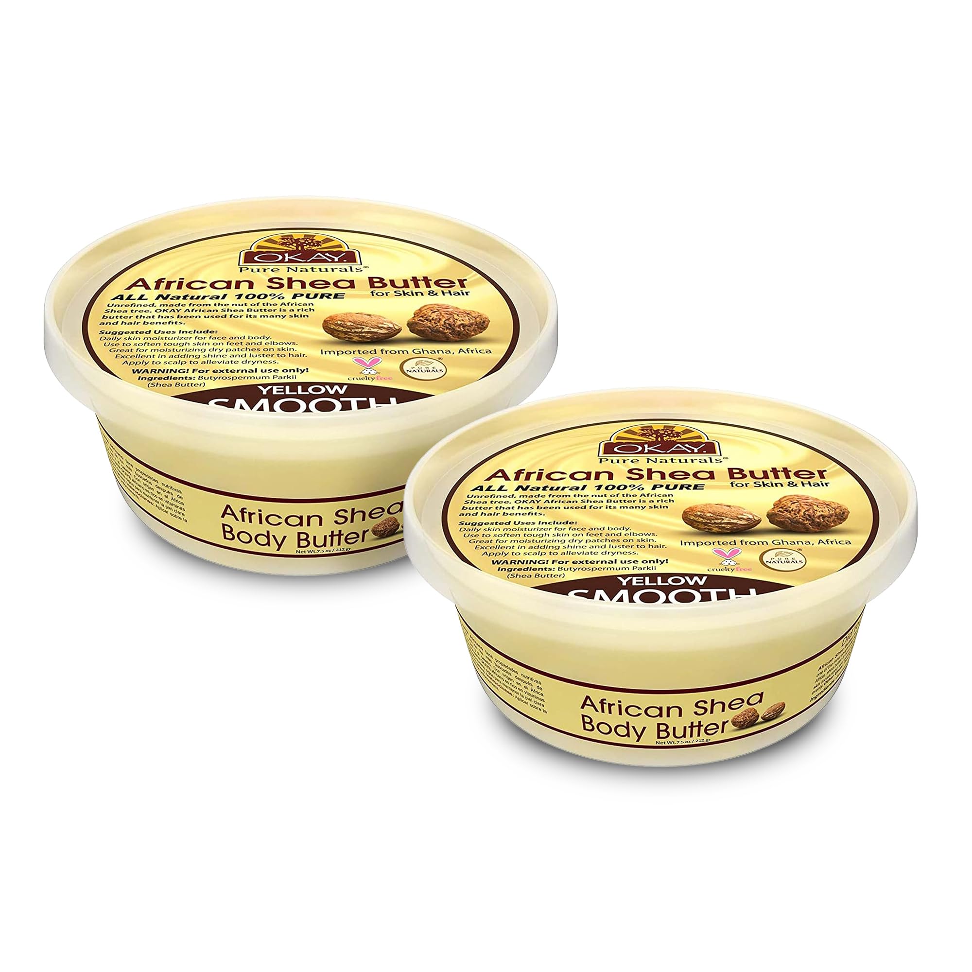 Okay Yellow Shea Butter for Hair and Skin - Raw African Shea Butter for Women and Men, Daily Moisturizer for Face and Body, Helps with Stretch Marks, Soothes Dryness - 7.5 Oz Jar (Pack of 2)
