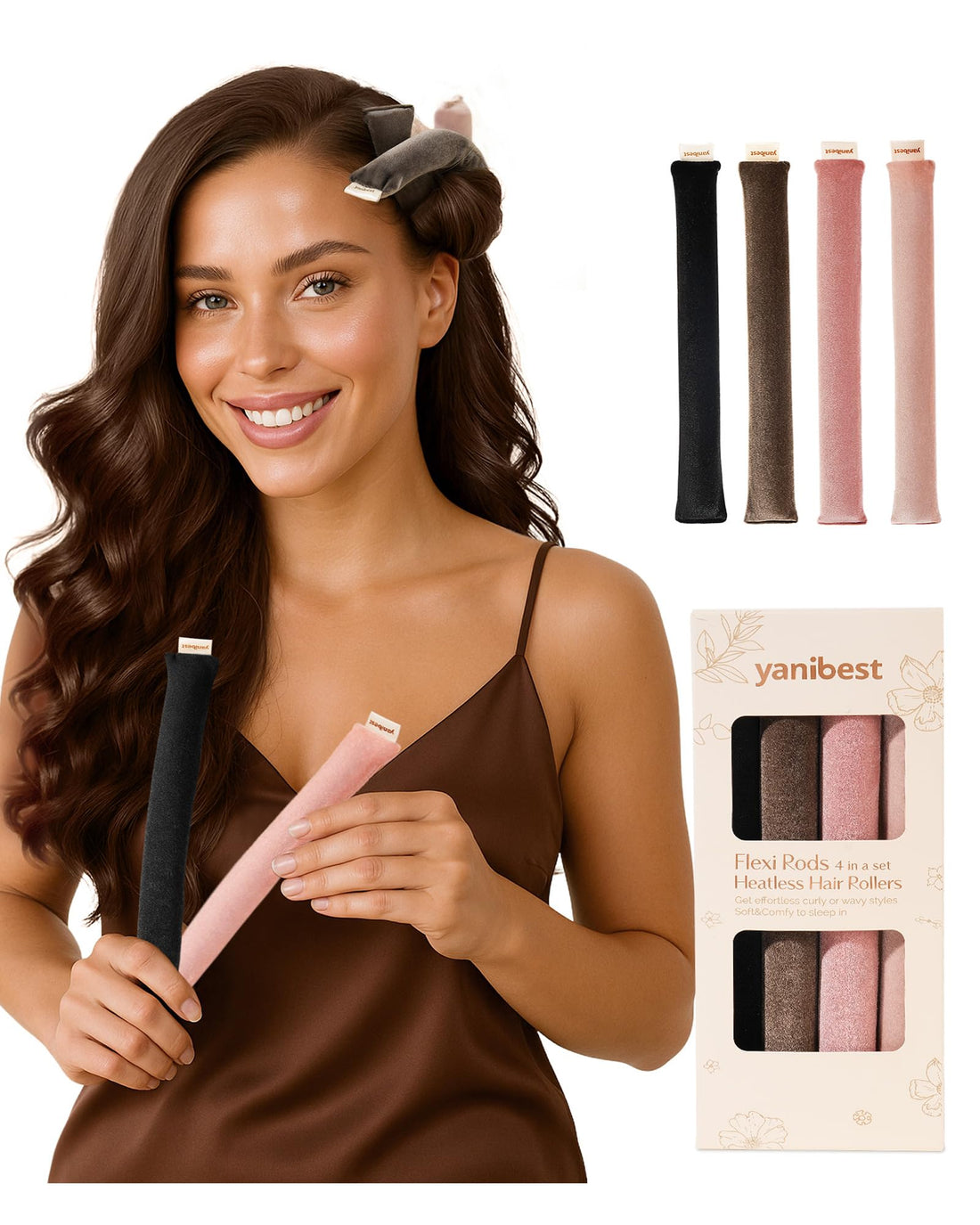 Yanibest Heatless Curling Rods - 4 Pcs Heatless Curls Overnight, No Damage Hair Rollers for Women, Velvet Hair Curlers to Sleep in