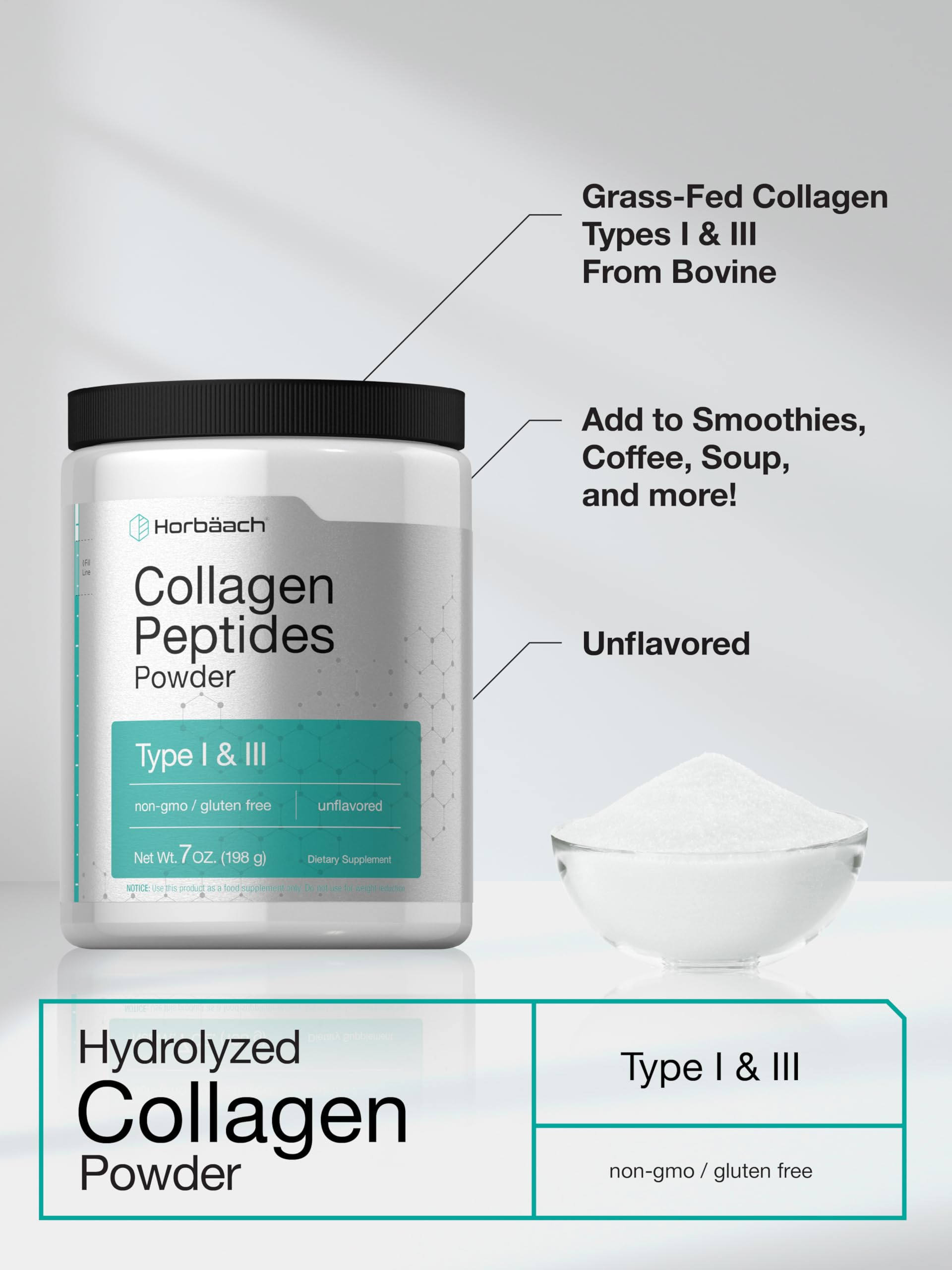 Horbäach Collagen Peptides Powder 7oz | Type I and III | Unflavored Multi Collagen Protein and Amino Acids | Gluten Free, Keto & Paleo Friendly