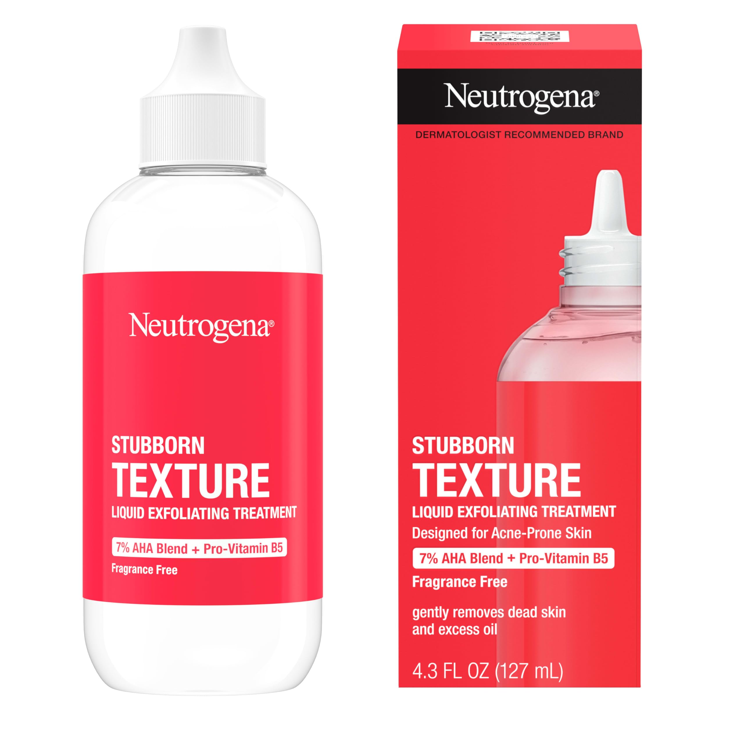 Neutrogena Stubborn Texture Liquid Exfoliant with 7% AHA Blend & Pro-Vitamin B5 designed for Acne-Prone & Oily Skin, Liquid Face Exfoliator, Oil- & Fragrance-Free, 4.3 fl. oz