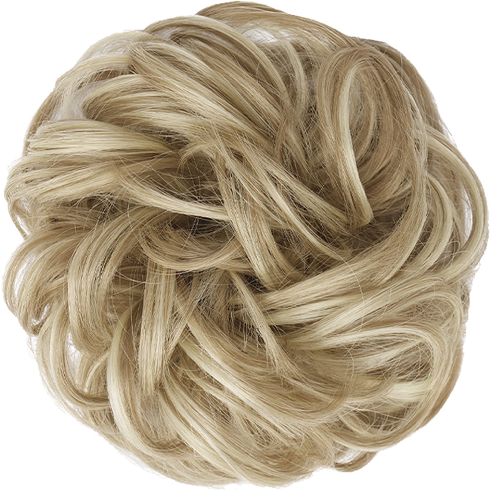 FESHFEN Messy Hair Bun Hair Pieces Wavy Curly Large Hair Bun Scrunchies Extensions Synthetic Chignon Hairpieces for Women Girls, Light Ash Brown & Bleach Blonde 1.94oz