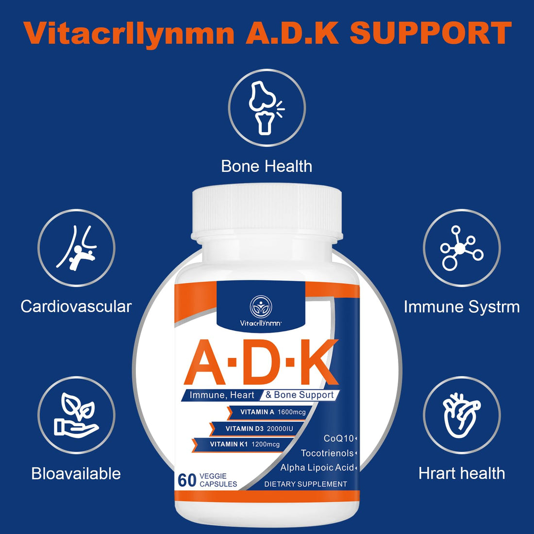 VITACRLLYNMN ADK Vitamin Supplement 20000 IU - High Potency Vitamins A, D3 and K1 for Heart, Bone Health and Immune Support Vitamin ADK 60 Capsules