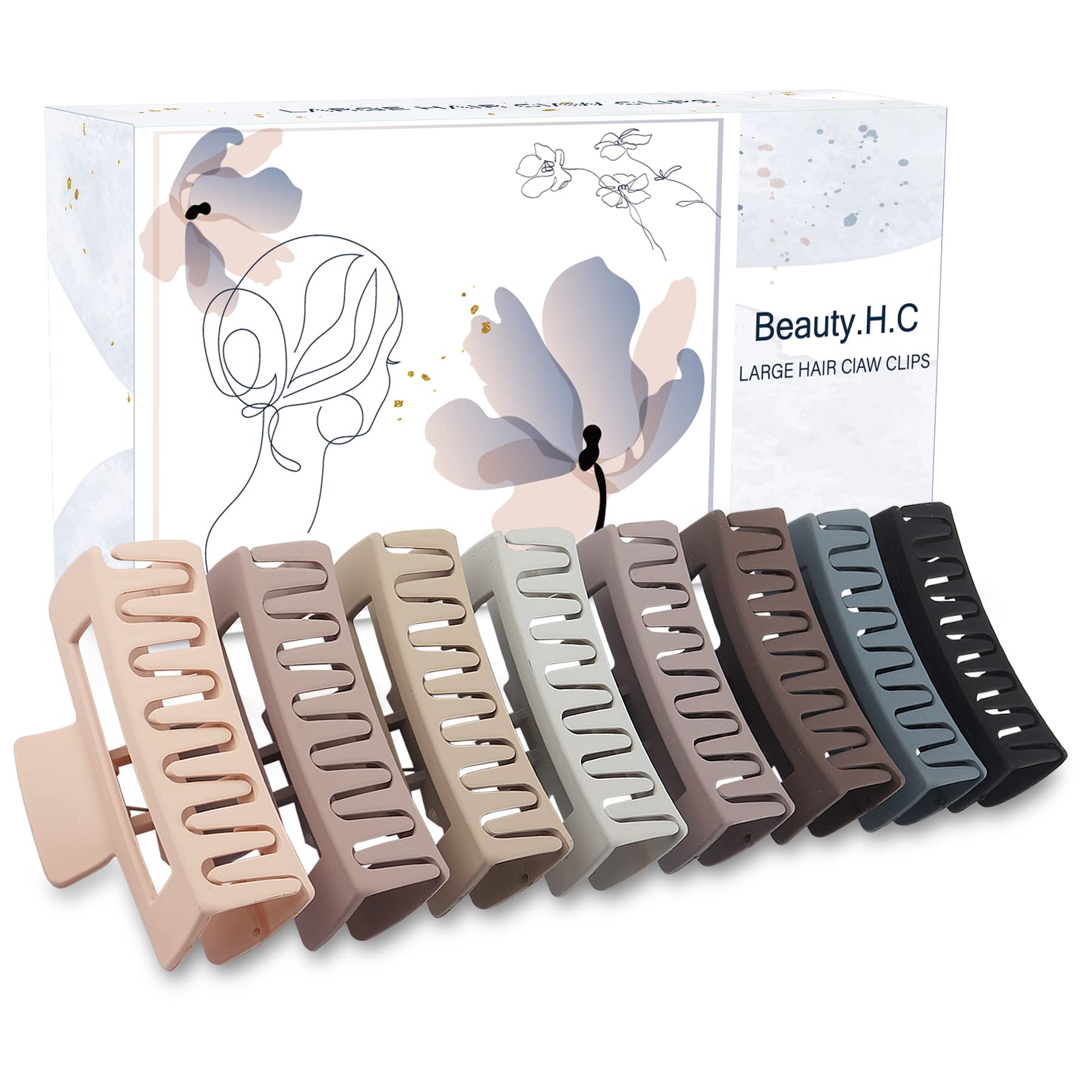 Beauty.H.C 8Pcs Big Hair Claw Clips Strong Hold Large Claw Clips for Thick Thin Long Hair Noslip Rectangular Hair Clips for Women Girls, 4.13 Inch Jaw Clips Gifts