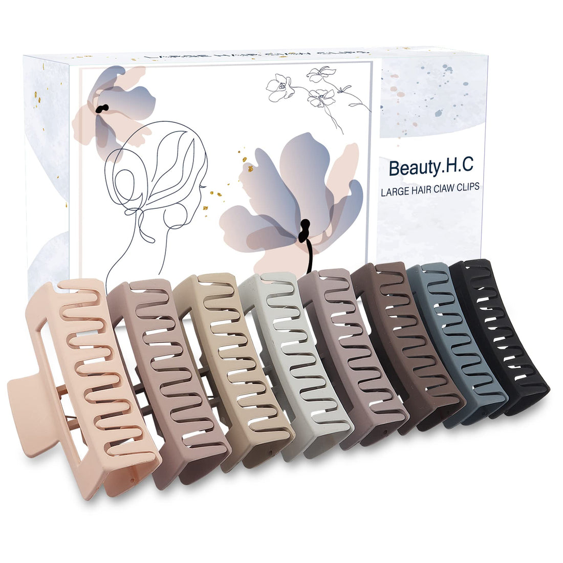 Beauty.H.C 8Pcs Big Hair Claw Clips Strong Hold Large Claw Clips for Thick Thin Long Hair Noslip Rectangular Hair Clips for Women Girls, 4.13 Inch Jaw Clips Gifts