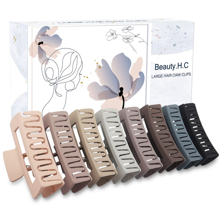 Beauty.H.C 8Pcs Big Hair Claw Clips Strong Hold Large Claw Clips for Thick Thin Long Hair Noslip Rectangular Hair Clips for Women Girls, 4.13 Inch Jaw Clips Gifts