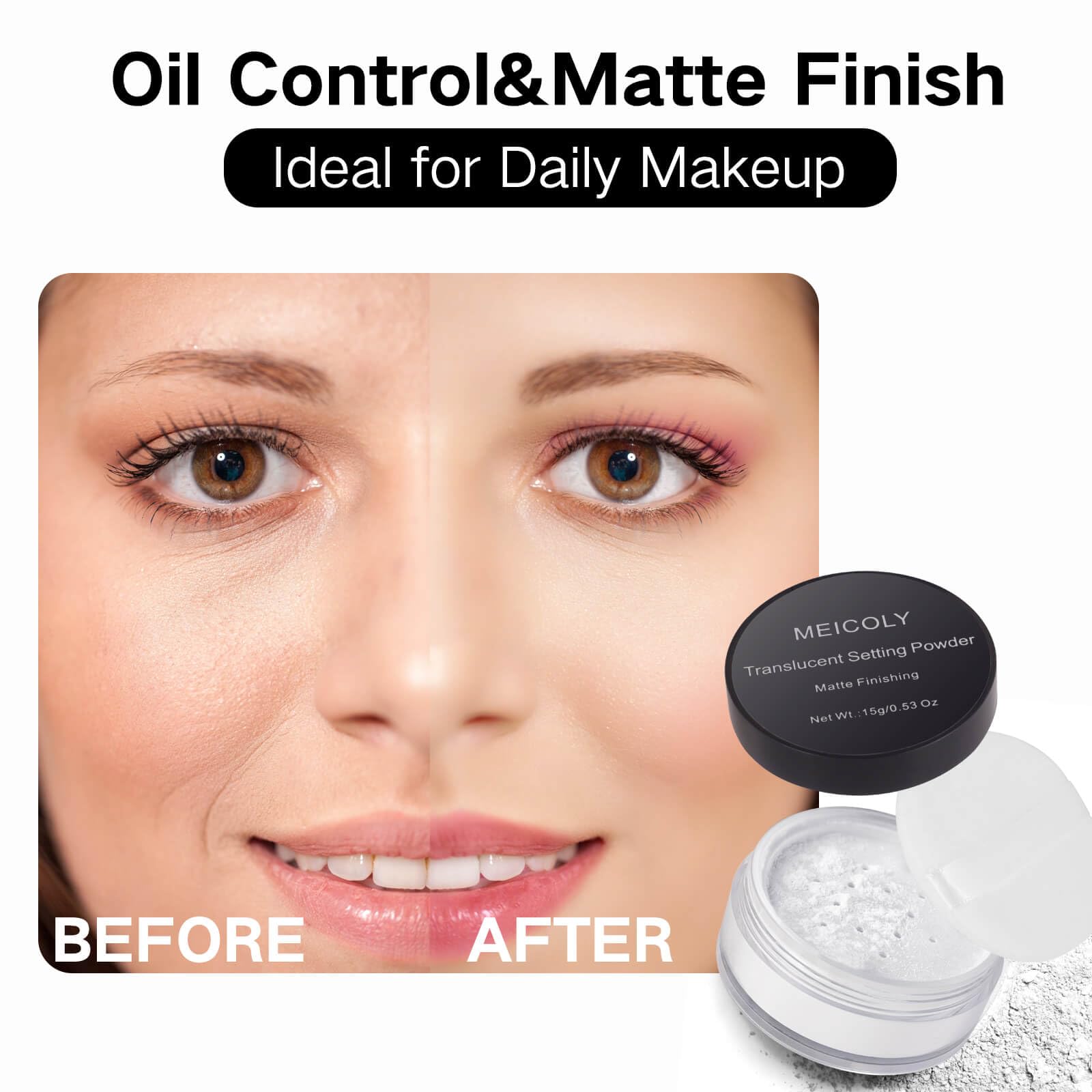 MEICOLY Talc-Free Setting Powder with Sifter,Long Lasting Loose Face Powder,Translucent Powder Colorset Powder,Matte Finishing White Face Paint Setting Powder for Halloween SFX Makeup,Oil Control