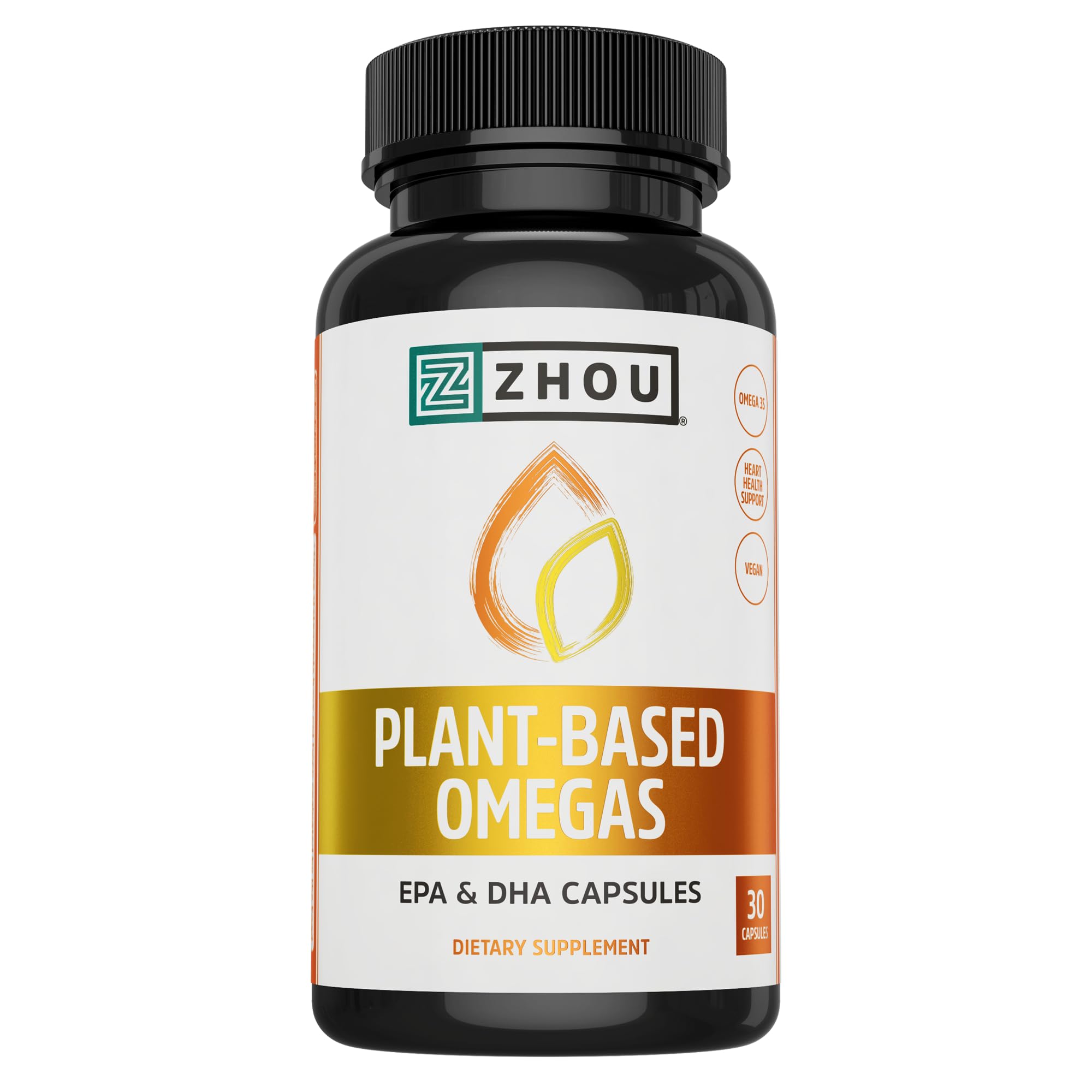 ZHOU Plant-Based Omegas, EPA and DHA Vegan Omega 3 Supplement with Algae and Flaxseed Oil, Heart Health Support, 60-Day Guarantee, 30 Servings, 30 Capsules