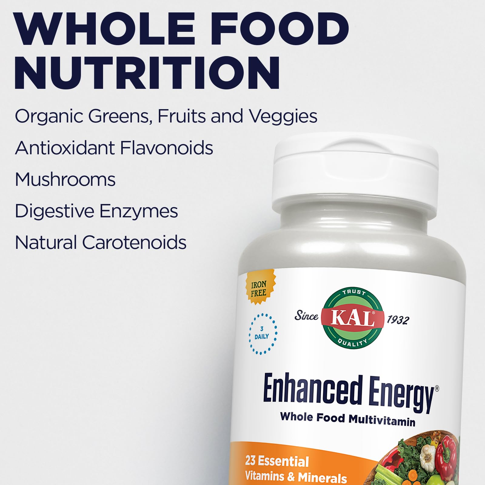 KAL® Enhanced Energy Multivitamin | Whole Food Based Vitamins & Minerals w/ Antioxidants, Digestive Enzymes & Natural Carotenoids | 180 Capsules