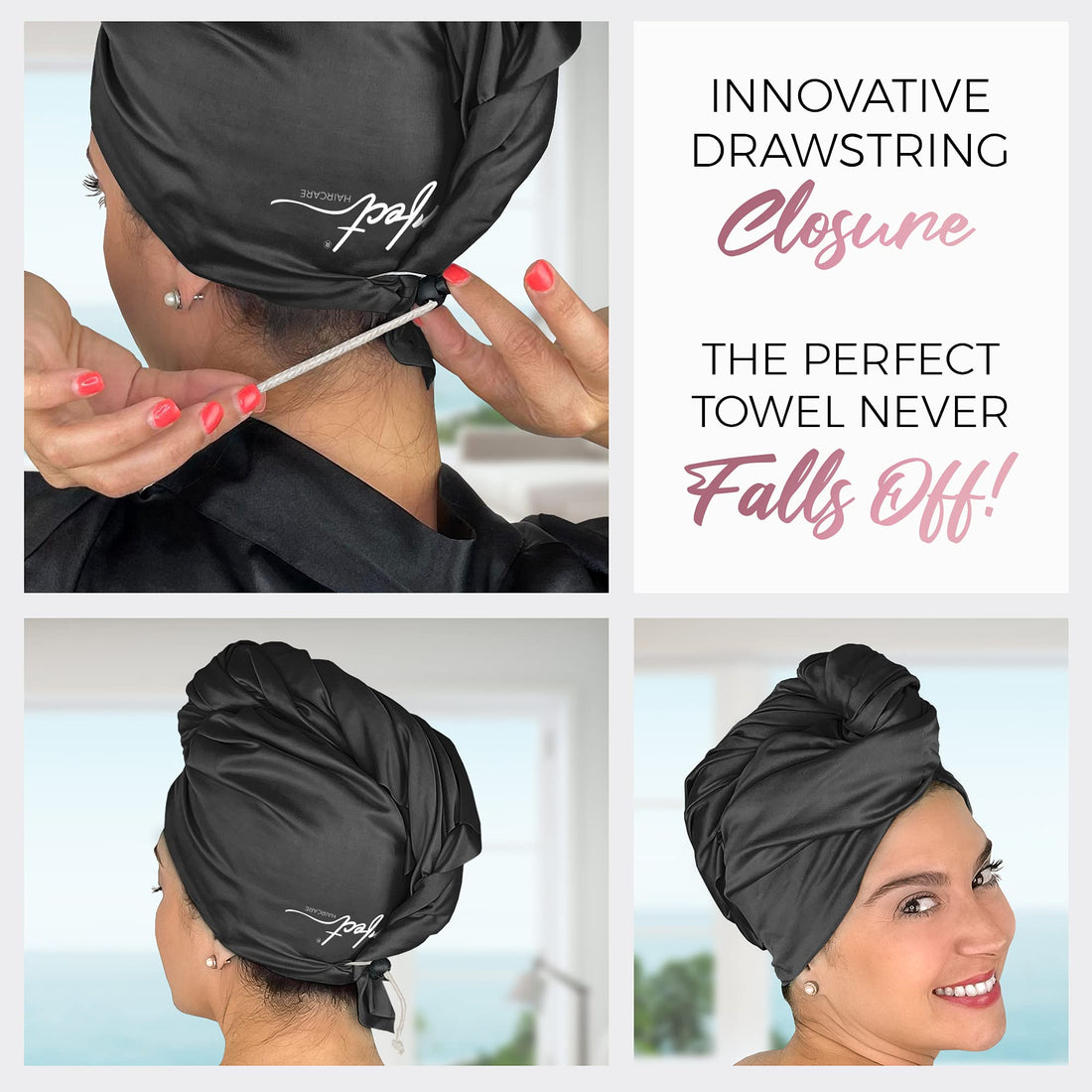 anti-frizz microfiber hair towel - never falls off - dries hair fast - free wet/dry brush