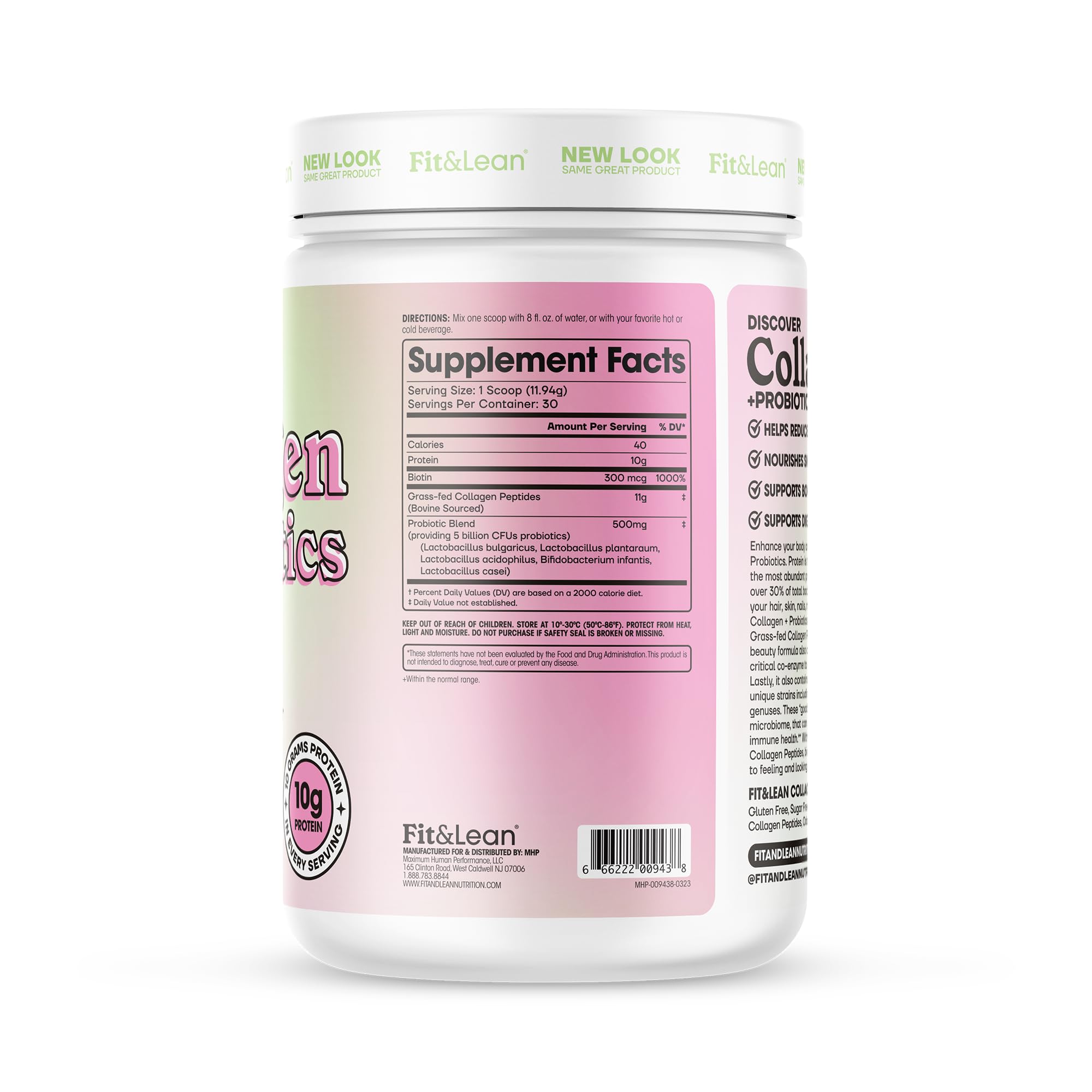 Fit & Lean Collagen + Probiotics- Grass-fed Collagen Peptide Powder, Unflavored, 12.64oz