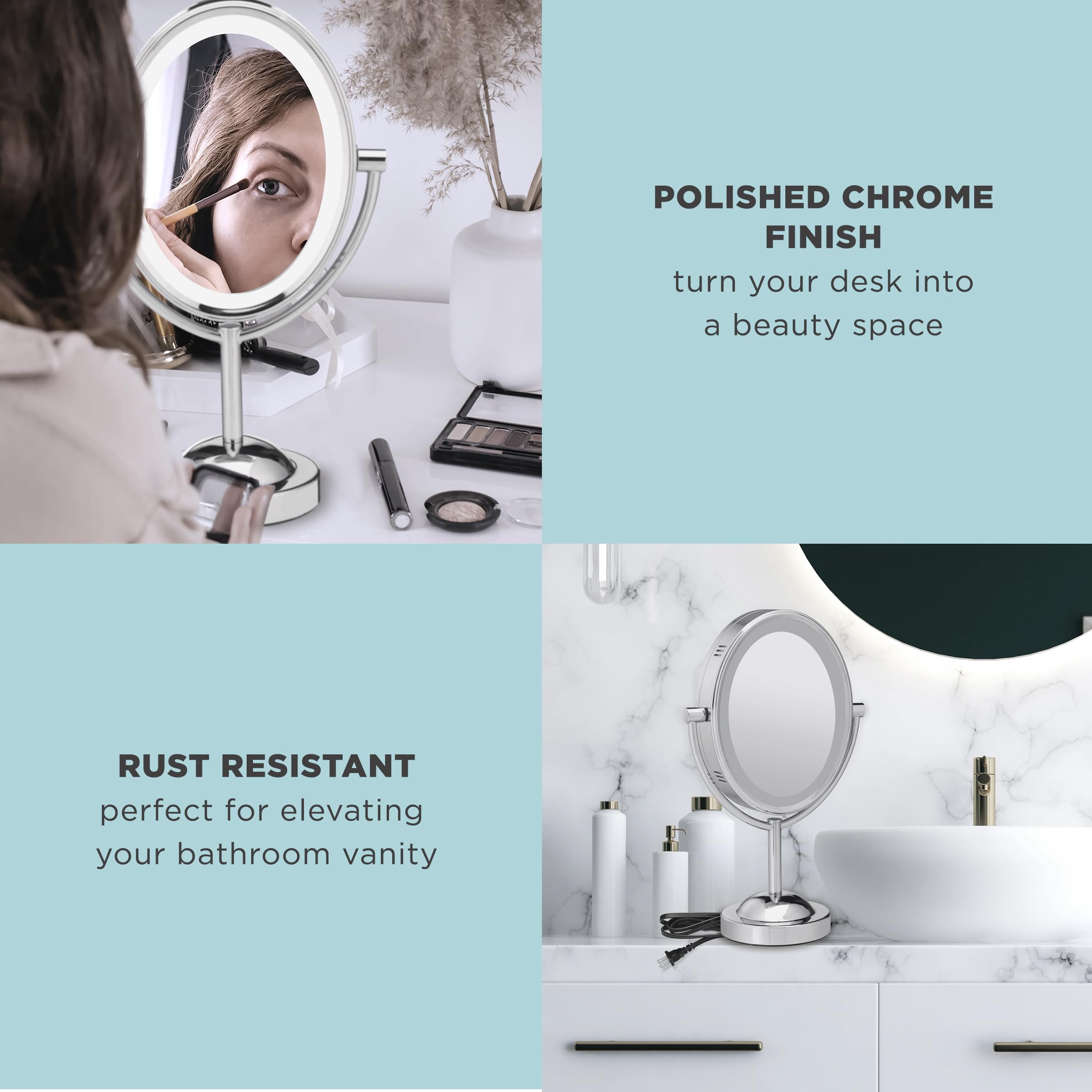 Conair Reflections Double-Sided Lighted Vanity Makeup Mirror, 1x/7x magnification, Polished Chrome