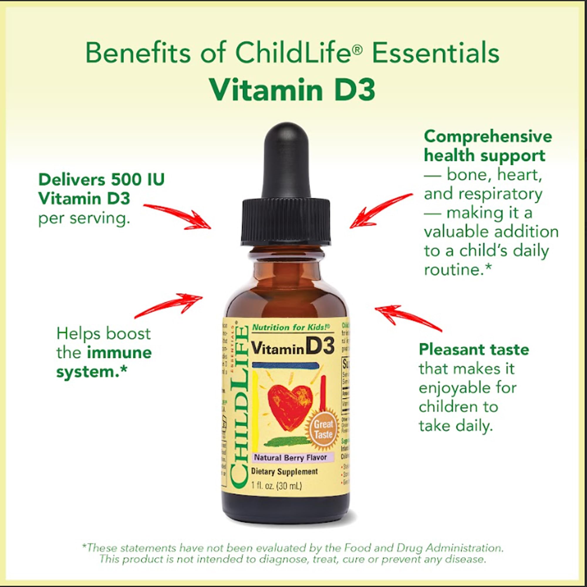 CHILDLIFE ESSENTIALS Vitamin D3 Drops - Vitamin D Drops for Infants, Baby Vitamin D Drops, Liquid Vitamin D for Kids, Toddlers 1-3, Children, 500 IU Per Serving - Natural Berry, 1 Fl Oz (Pack of 3)