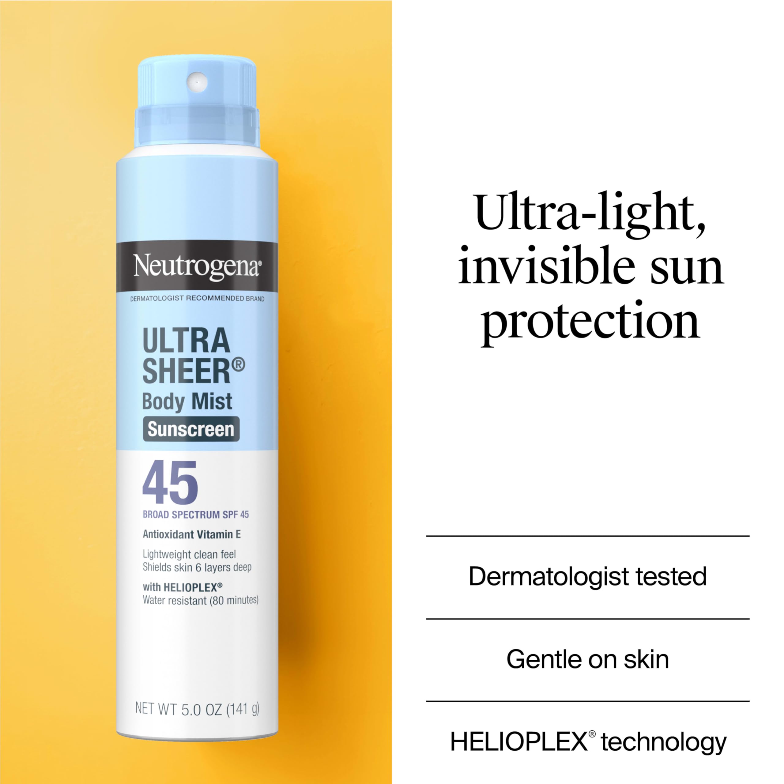 Neutrogena Ultra Sheer Body Mist Sunscreen Spray, Broad Spectrum SPF 45, Lightweight Spray Sunscreen, Non-Greasy & Water Resistant, Oil-Free & Non-Comedogenic UVA/UVB, 5 oz Pack of 3