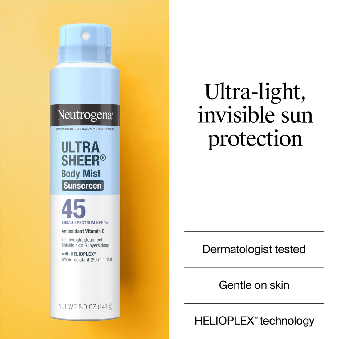 Neutrogena Ultra Sheer Body Mist Sunscreen Spray, Broad Spectrum SPF 45, Lightweight Spray Sunscreen, Non-Greasy & Water Resistant, Oil-Free & Non-Comedogenic UVA/UVB, 5 oz Pack of 3