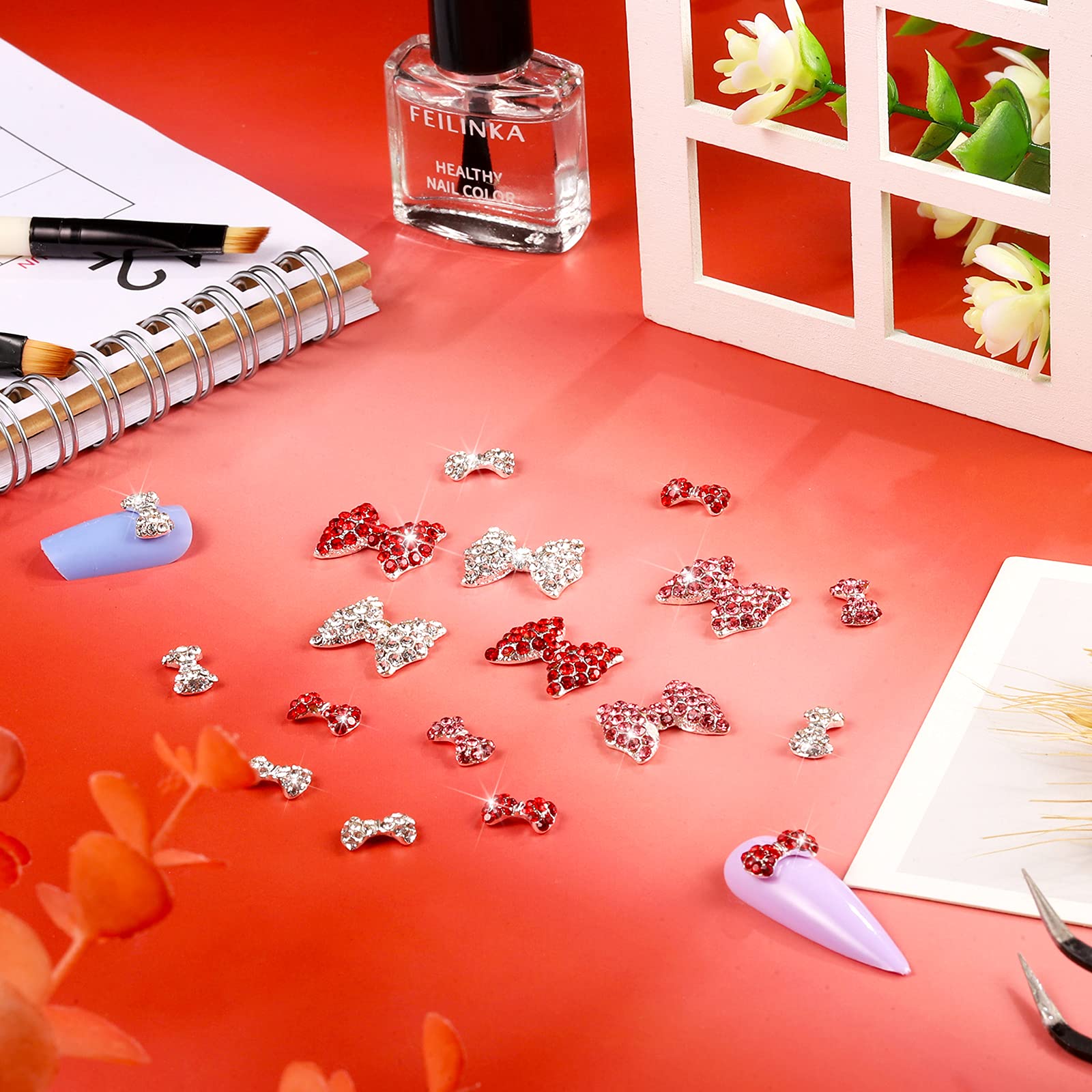 24 Pieces 3D Bows Nail Art Charms Rhinestones Bows Charms Pearl Bowknot Nail Accessory 3D Alloy Nail Art Decoration for Women Girls Nail Salon DIY Nail Decorations (Red, Gold, Rose Red)