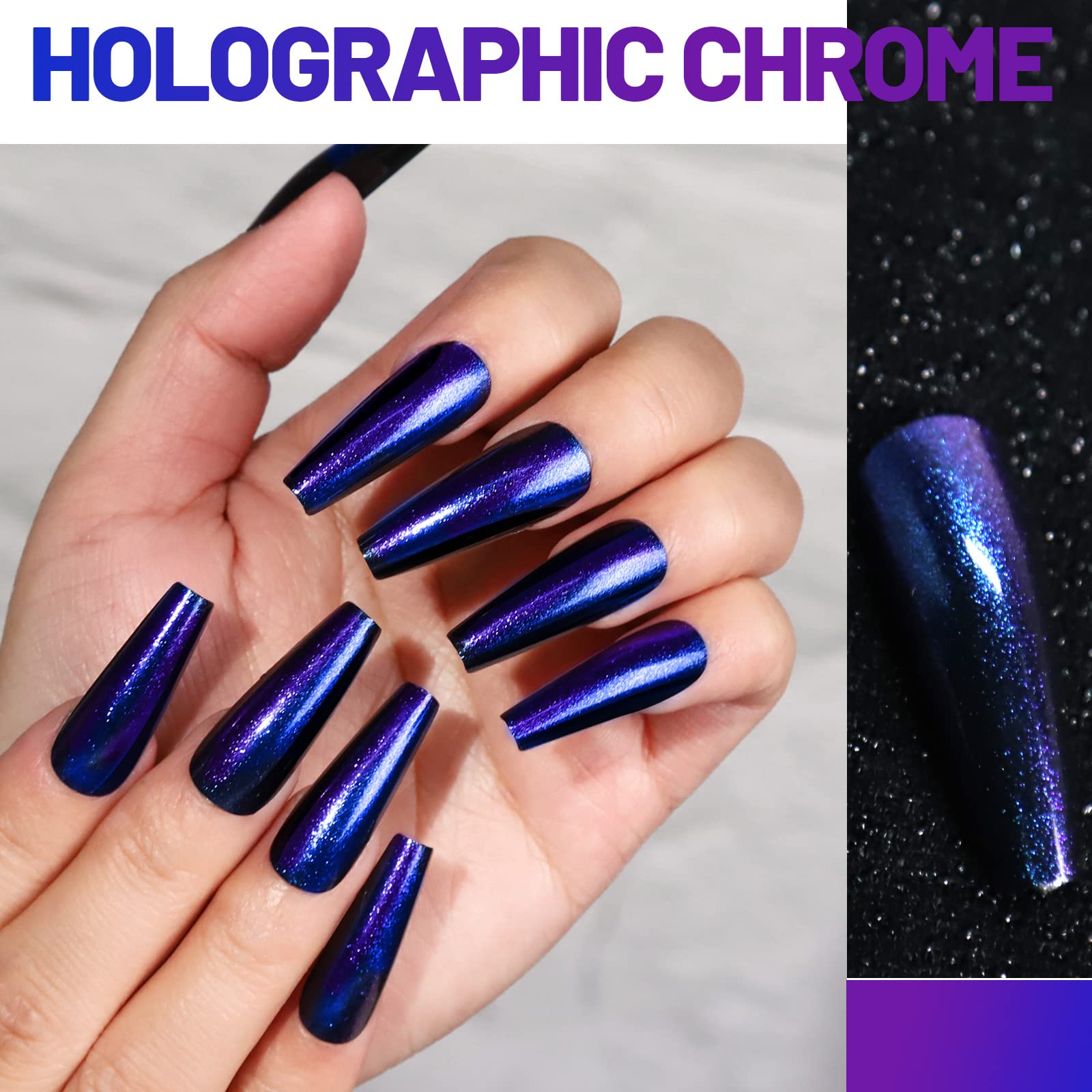 Teenitor Long Press On Nails, Chrome Press On Nails, 288pcs Long Coffin Ballerina False Nails, 12 Colors Full Cover Glue On Nails Holographic Metallic Mirror