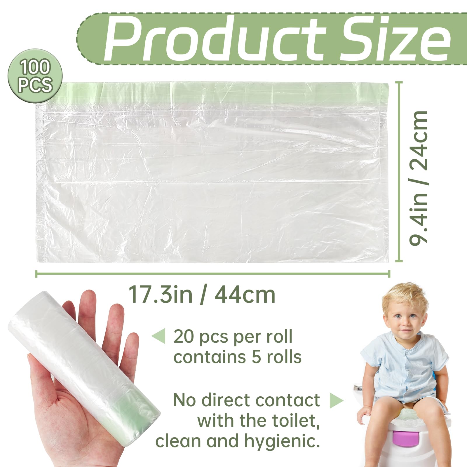 100 Pack Potty Chair Liners with Drawstring,Training Toilet Seat Potty Bags,Disposable Cleaning Bag for Kids Toddler Adults Pet Outdoors(44 x 24 cm)