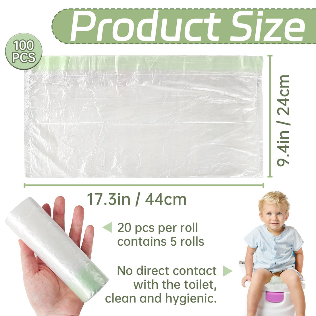 100 Pack Potty Chair Liners with Drawstring,Training Toilet Seat Potty Bags,Disposable Cleaning Bag for Kids Toddler Adults Pet Outdoors(44 x 24 cm)