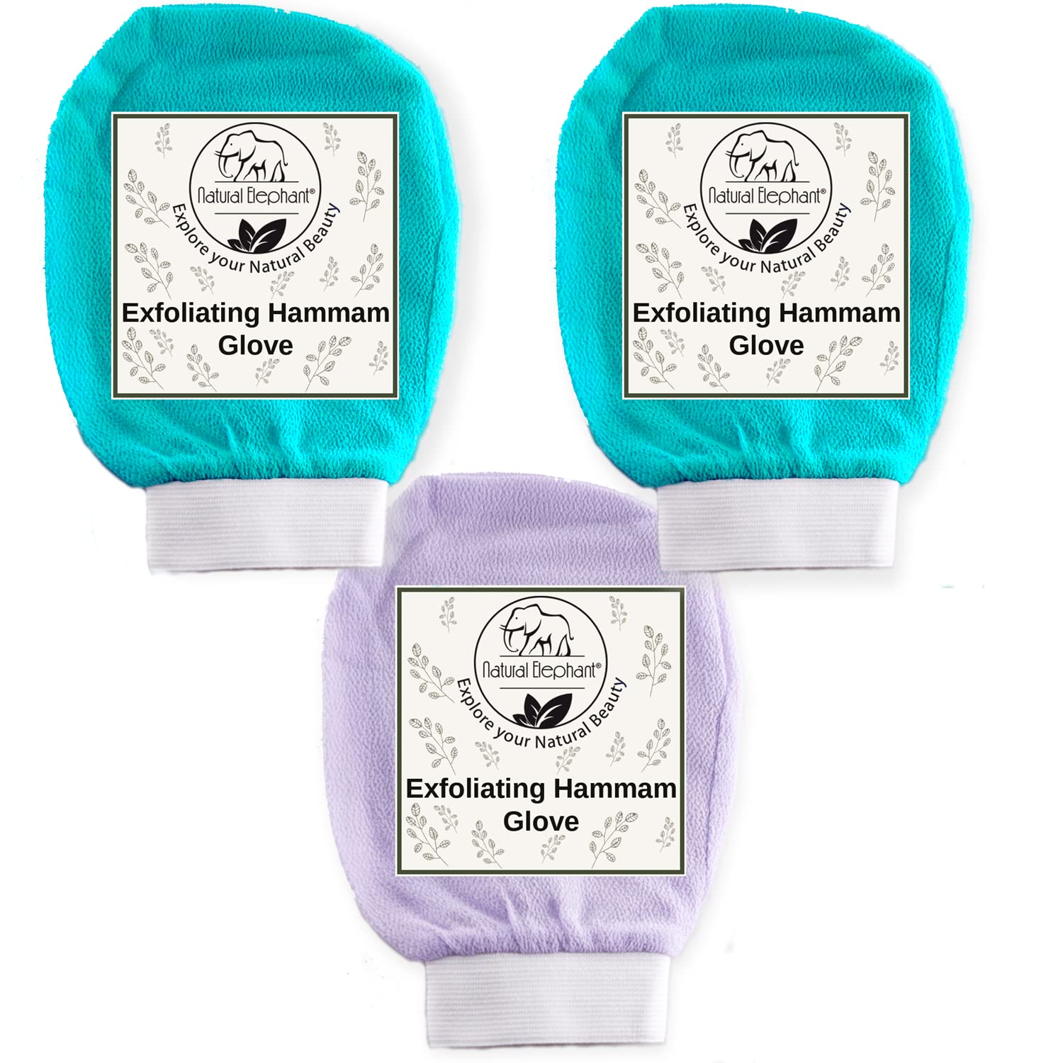 Natural Elephant Exfoliating Hammam Glove (2 Teal and 1 Purple (Pack of 3))