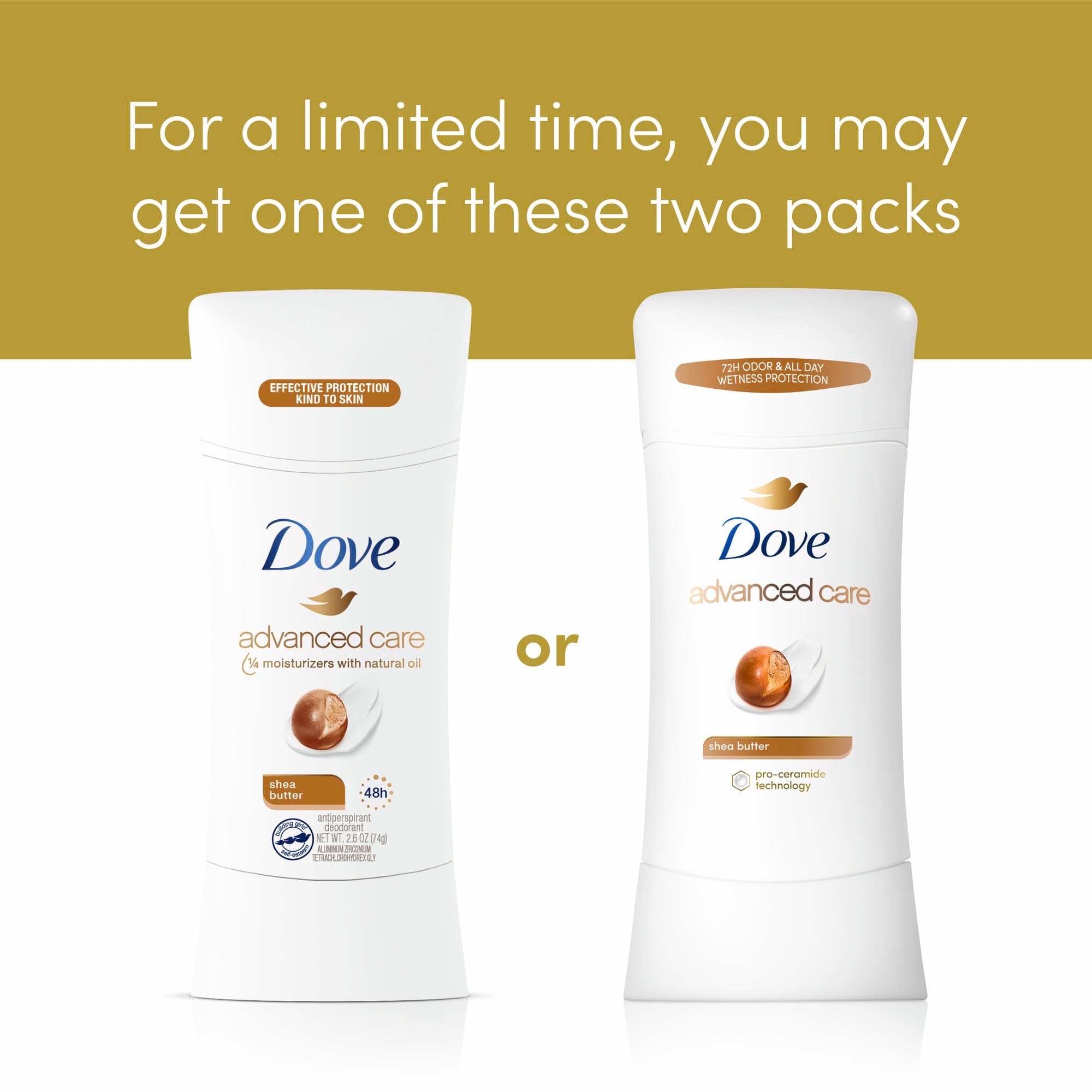 Dove Antiperspirant Deodorant Stick for 48 Hour Protection And Soft And Comfortable Underarms, Shea Butter, Deodorant for Women, 4 Count, 2.6 Ounce