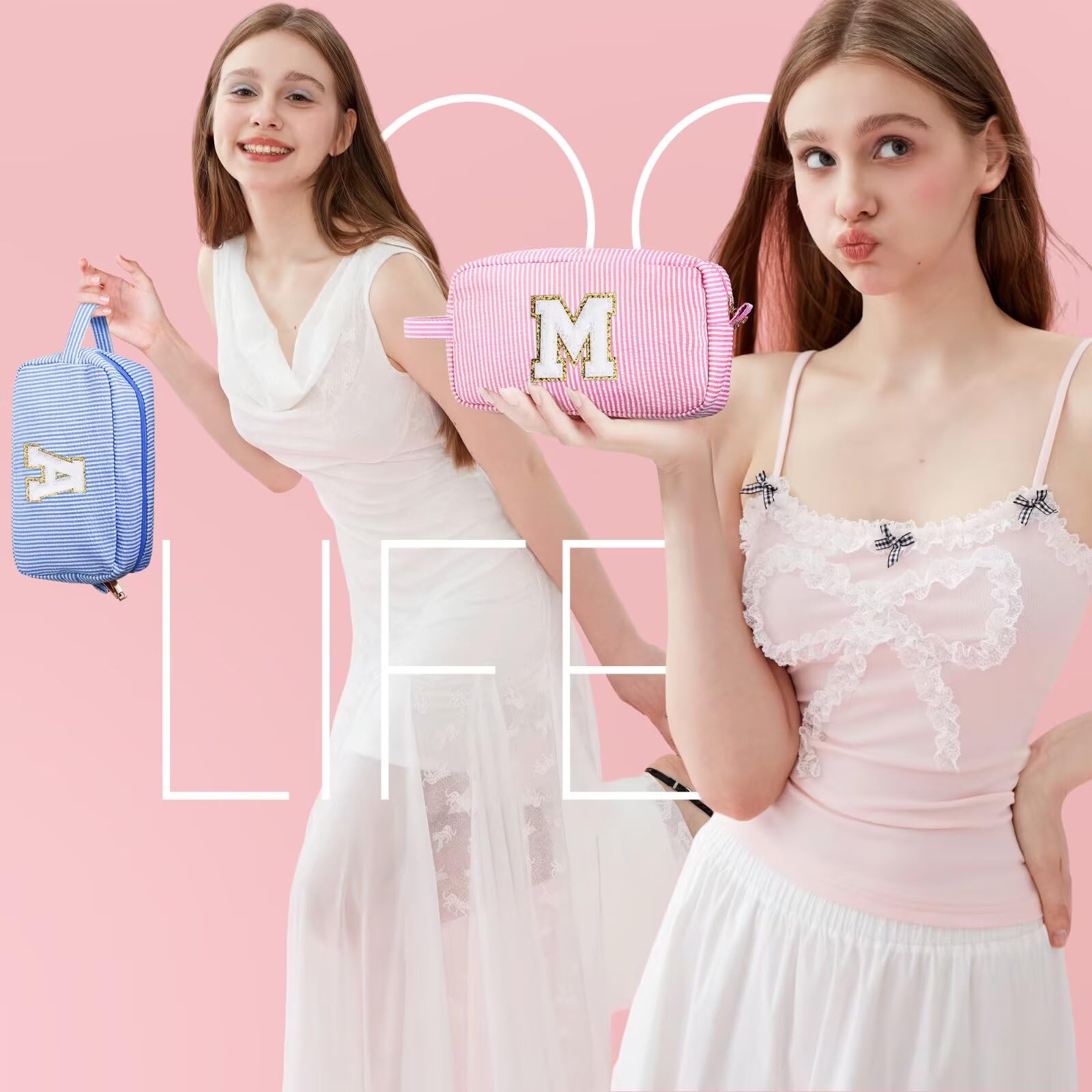 YOOLIFE Initial Makeup Bag for Women - Cute Pink Toiletry Bags Cosmetic Pouch for Teen Girls, Personalized Birthday Gifts for Women Friends Sister Daughter, Letter L