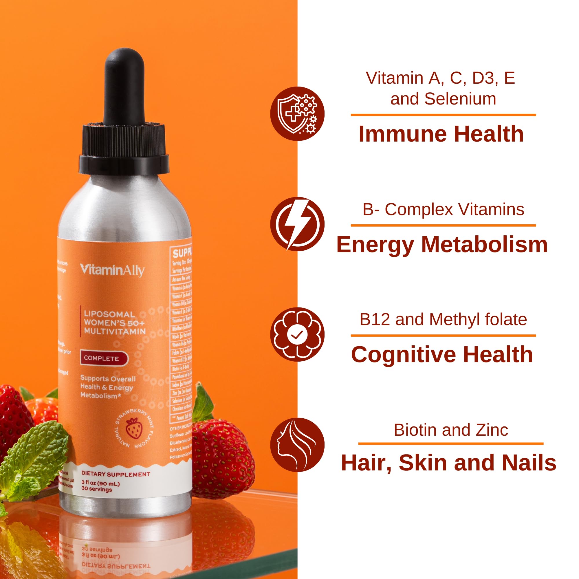 Vitaminally Liposomal Women's 50+ Liquid Multivitamin Drops | Non-GMO | Sugar Free | Supports Immunity, Overall Health and Energy | 30 Day Supply | 3 FL Oz (Natural Strawberry Flavor)