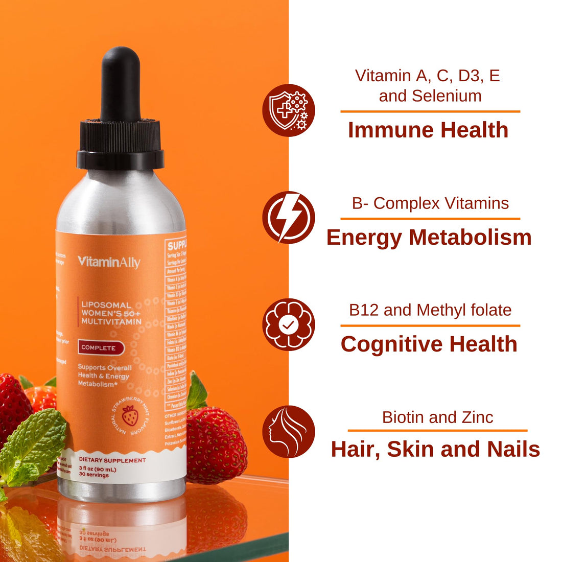 Vitaminally Liposomal Women's 50+ Liquid Multivitamin Drops | Non-GMO | Sugar Free | Supports Immunity, Overall Health and Energy | 30 Day Supply | 3 FL Oz (Natural Strawberry Flavor)
