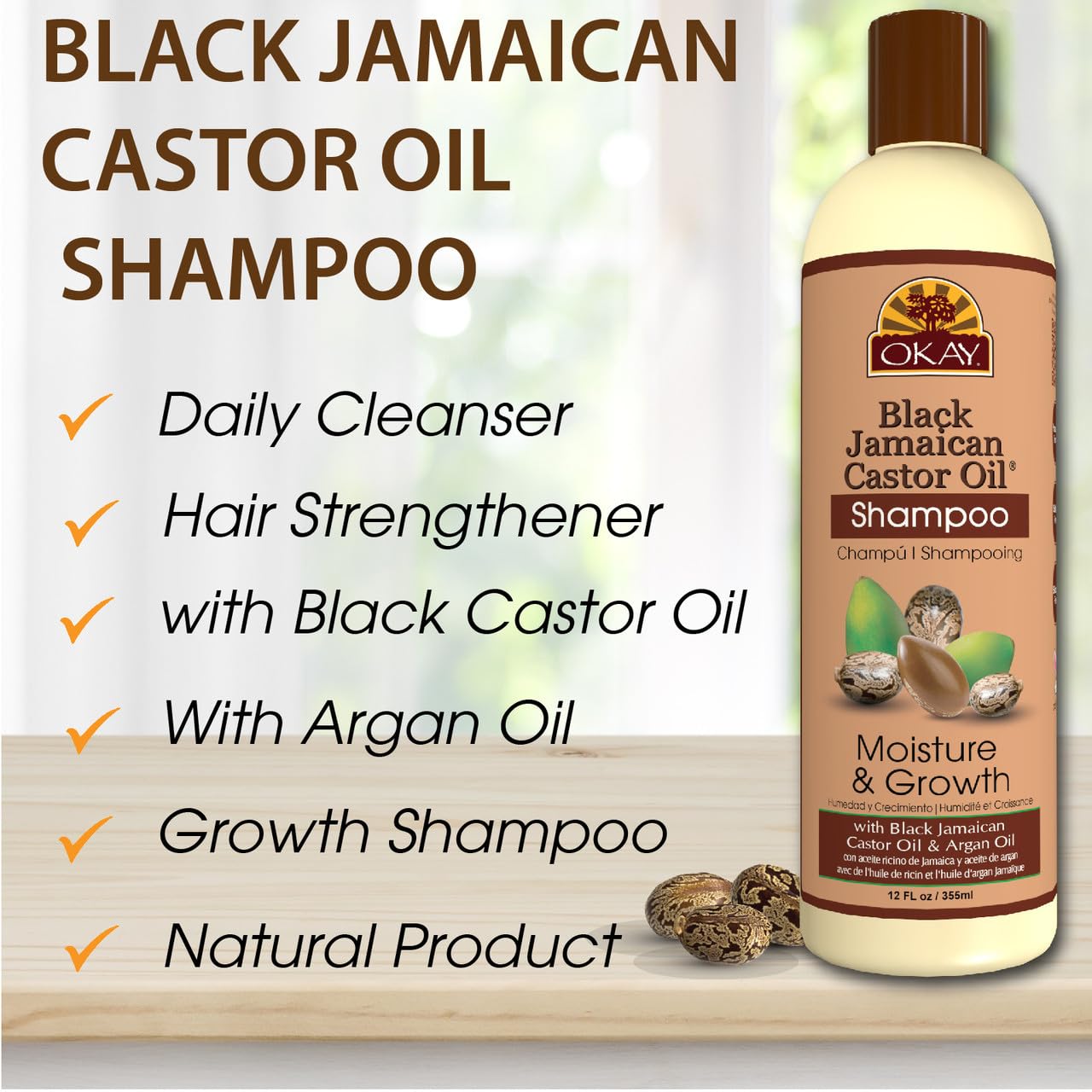 Okay Jamaican Castor Oil Moisture Growth Shampoo, Black, 12 Ounce
