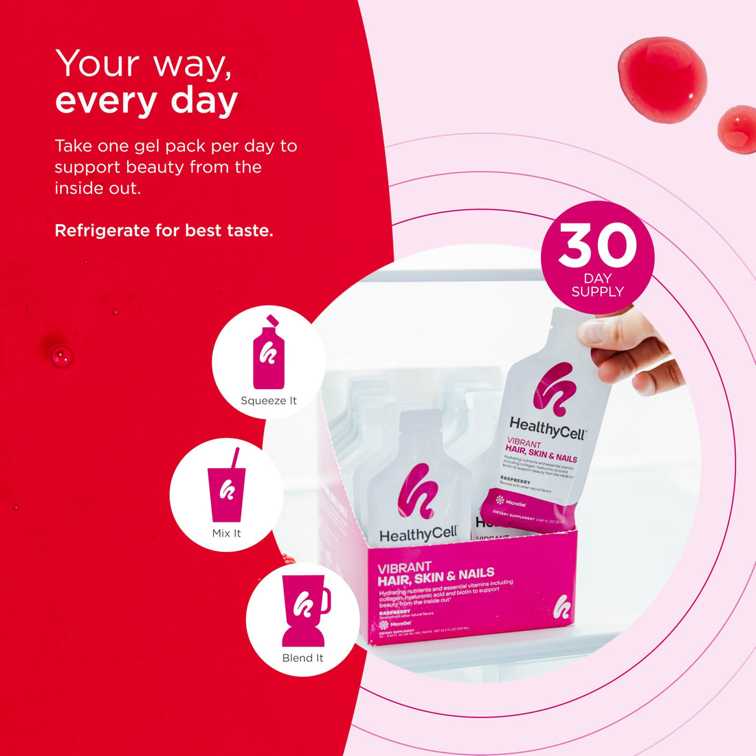 Healthycell Vibrant Hair, Skin & Nails - Hair Vitamins with Liquid Collagen for Women - Hyaluronic Acid Supplement with Collagen Peptides, Vitamin E, Biotin - Maximum Absorption - 30 Gel Packs