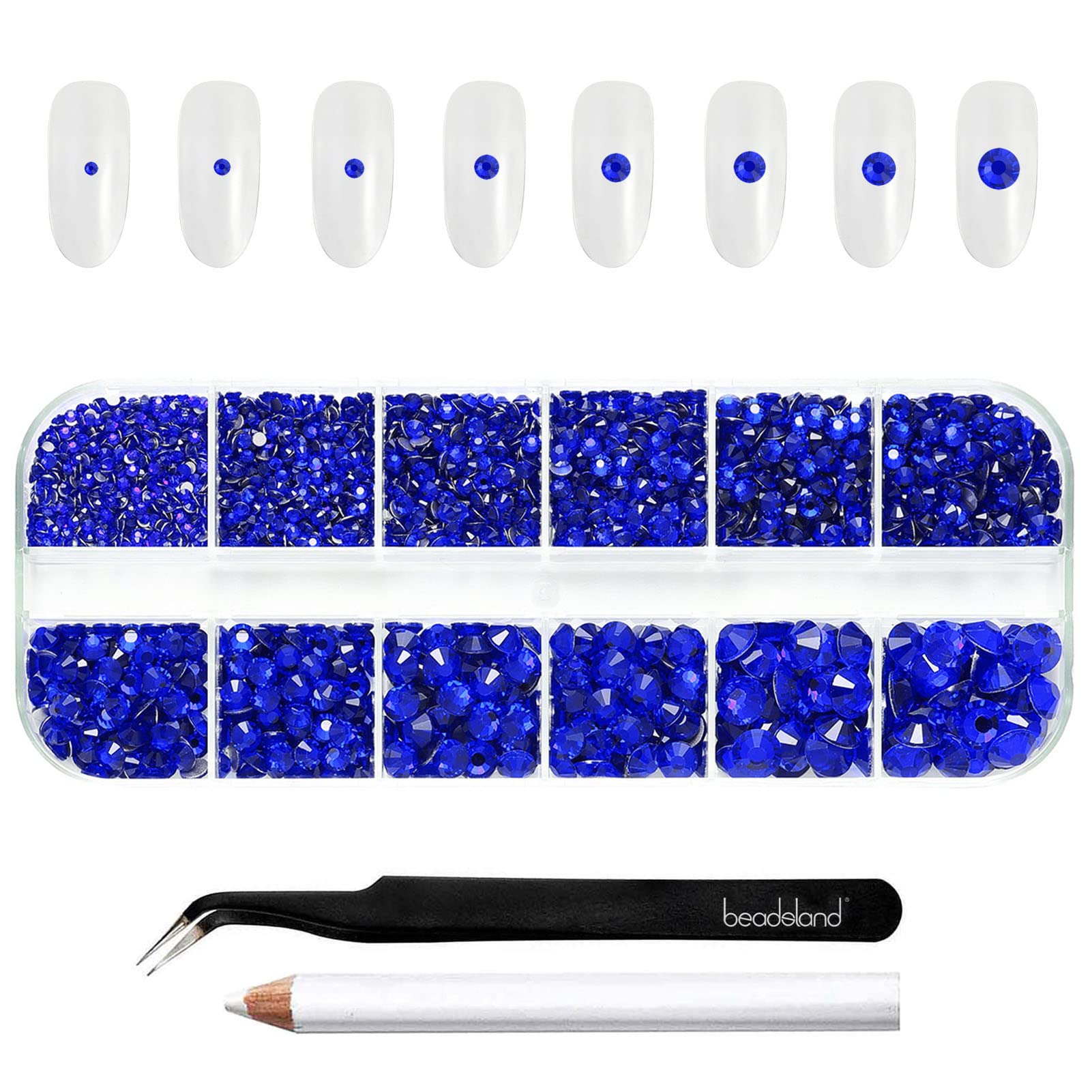 Beadsland 2500pcs Blue Rhinestones, Flatback Gems Round Crystal Rhinestones for Crafts Mixed 8 Sizes SS4~SS30 with Picking Tweezer and Pen (Sapphire)