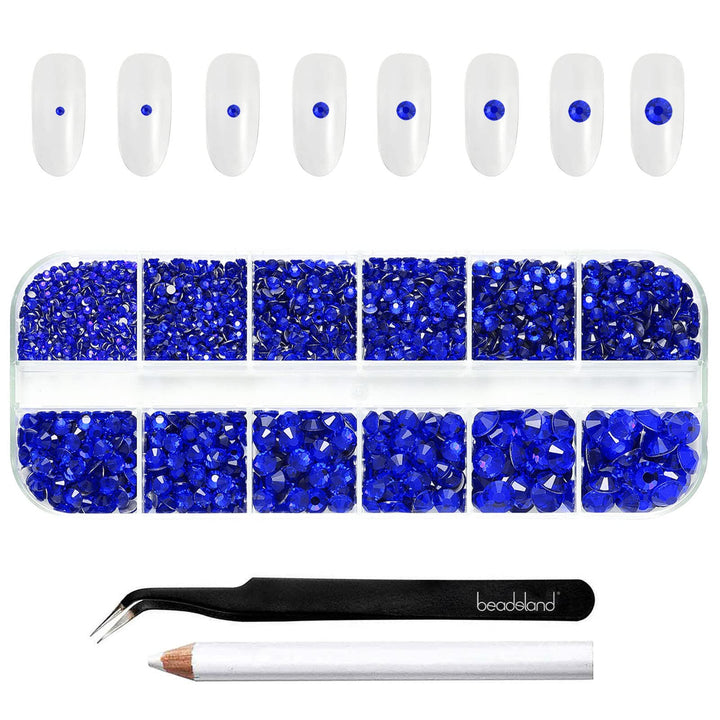 Beadsland 2500pcs Blue Rhinestones, Flatback Gems Round Crystal Rhinestones for Crafts Mixed 8 Sizes SS4~SS30 with Picking Tweezer and Pen (Sapphire)
