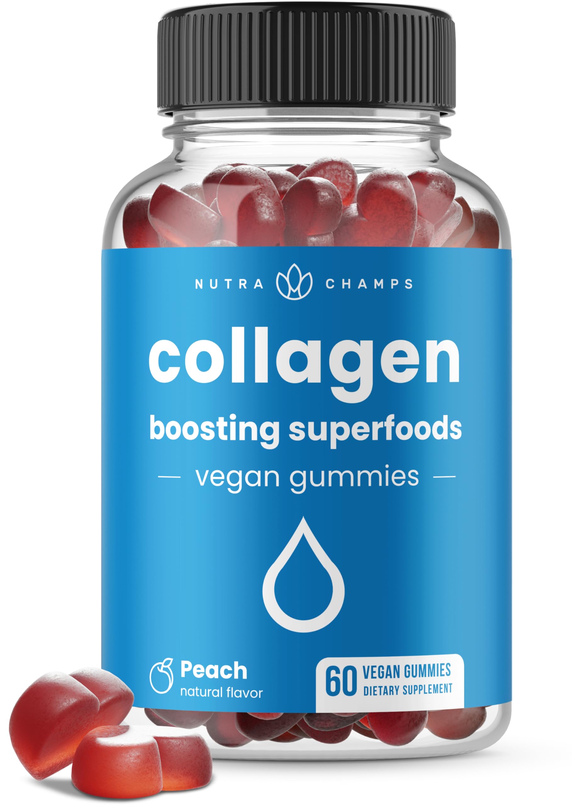 NutraChamps Collagen Boosting Gummies, Collagen Booster Gummy for Natural Collagen Production, Vegan Pectin Supplements Chews for Women & Men, 60 Peach Vitamins Gummies