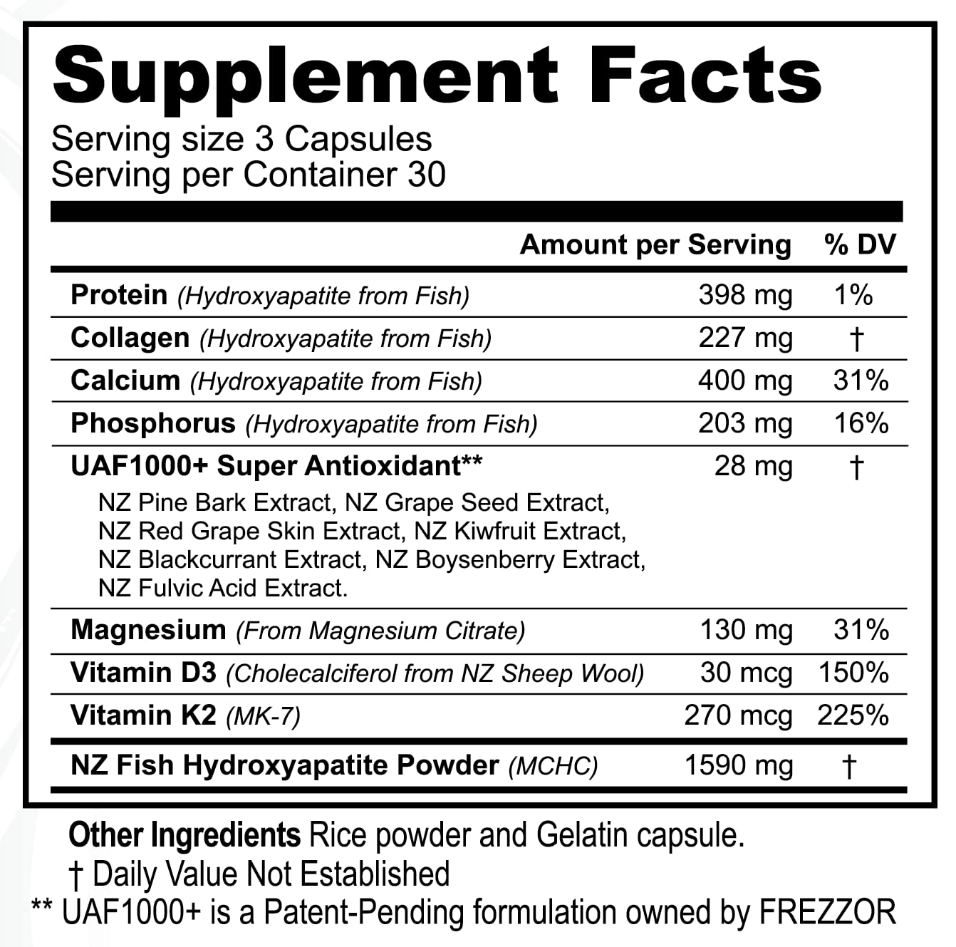 FREZZOR Calcium Plus with UAF1000+, New Zealand Natural Raw Calcium Supplement for Bones, Teeth, Gut Health, & Cardiovascular Support, Phosphorus, Magnesium, Collagen, Selenium, 90 Capsules, 1 Bottle