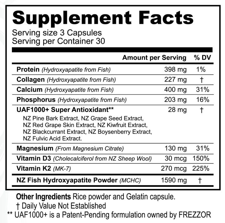 FREZZOR Calcium Plus with UAF1000+, New Zealand Natural Raw Calcium Supplement for Bones, Teeth, Gut Health, & Cardiovascular Support, Phosphorus, Magnesium, Collagen, Selenium, 90 Capsules, 1 Bottle