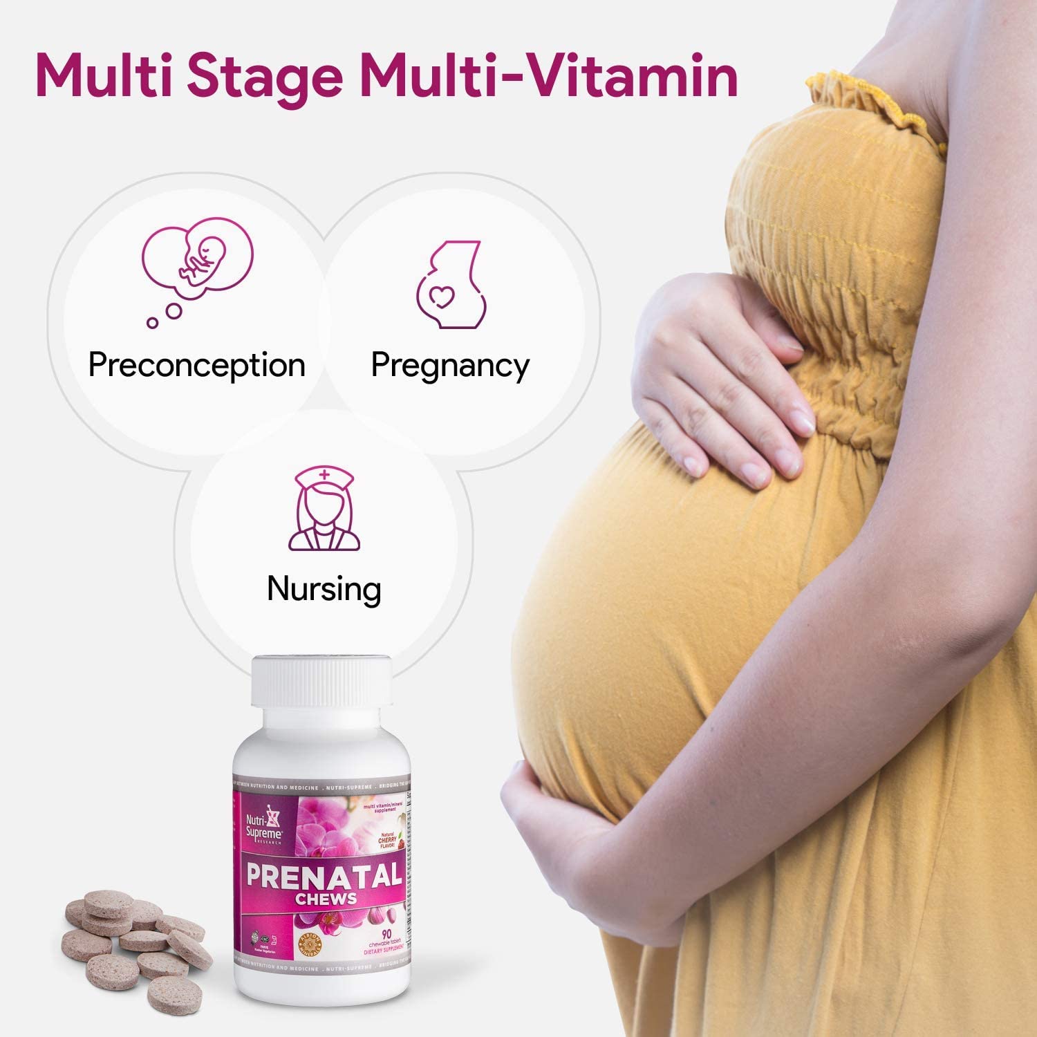 Nutri Supreme Prenatal Vitamin, Chewable Prenatal Vitamins for Women with 800 MCG of Folate, Complete Pregnancy Multivitamin with Iron, Kosher, Cherry Flavor, 90 Count
