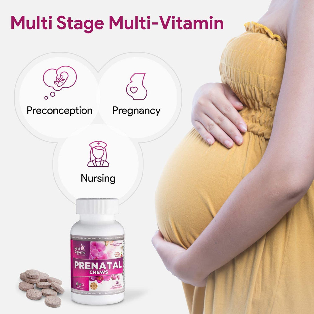 Nutri Supreme Prenatal Vitamin, Chewable Prenatal Vitamins for Women with 800 MCG of Folate, Complete Pregnancy Multivitamin with Iron, Kosher, Cherry Flavor, 90 Count