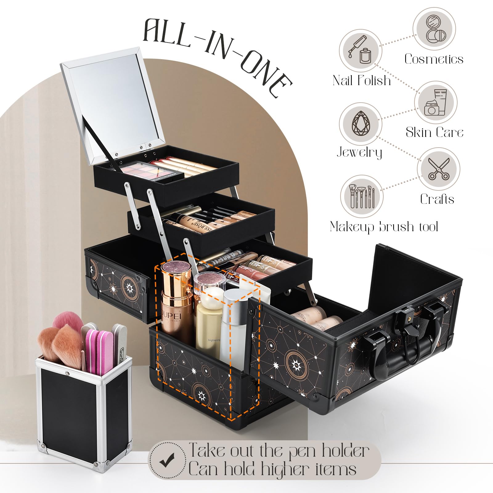 Joligrace Makeup Train Case Cosmetic Organizer Box Lockable with 3 Trays and a Brush Holder Pattern Collection - Star Chart